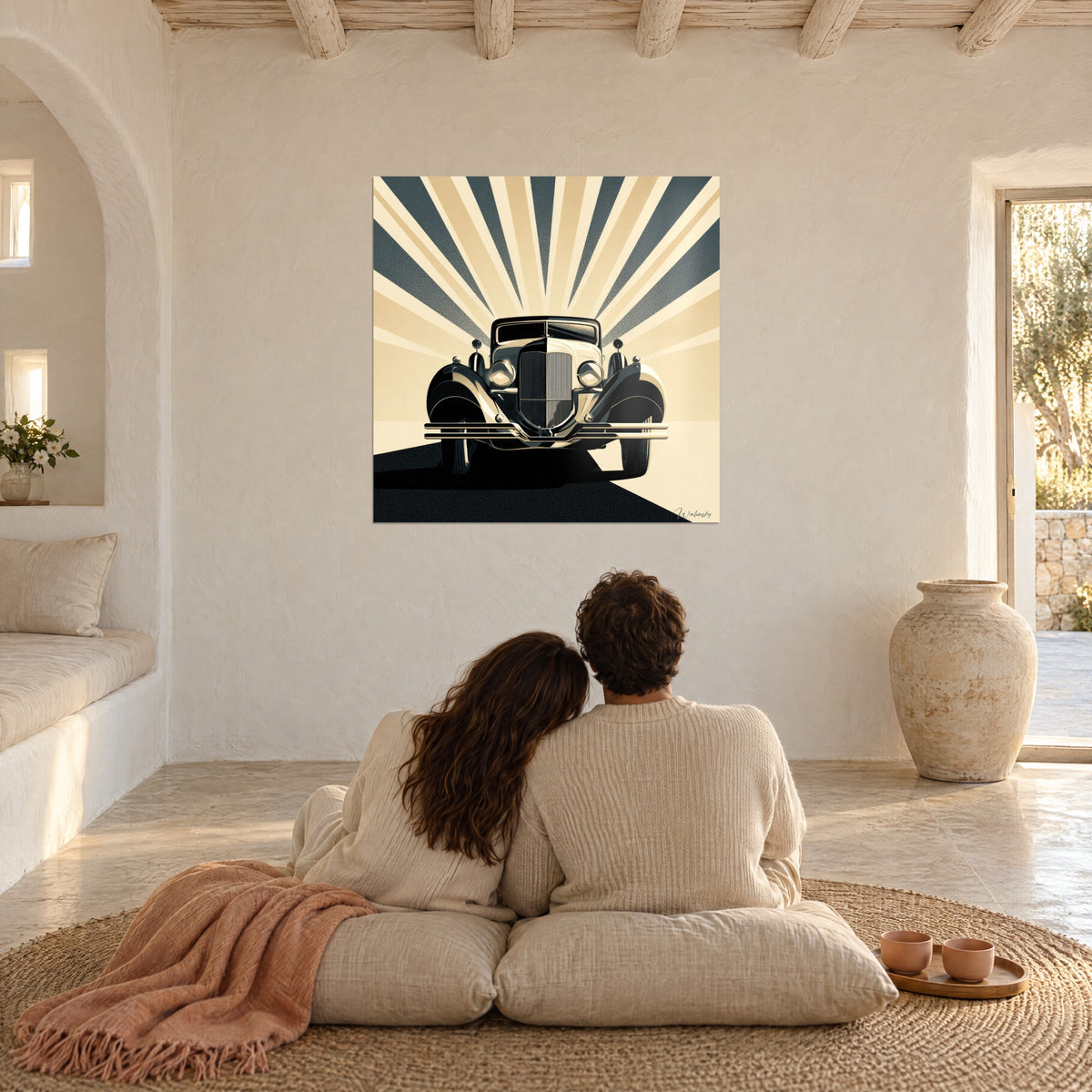 Collector car wall art in Art Deco poster style, golden and black rays, couple seen from behind seated on cream cushions