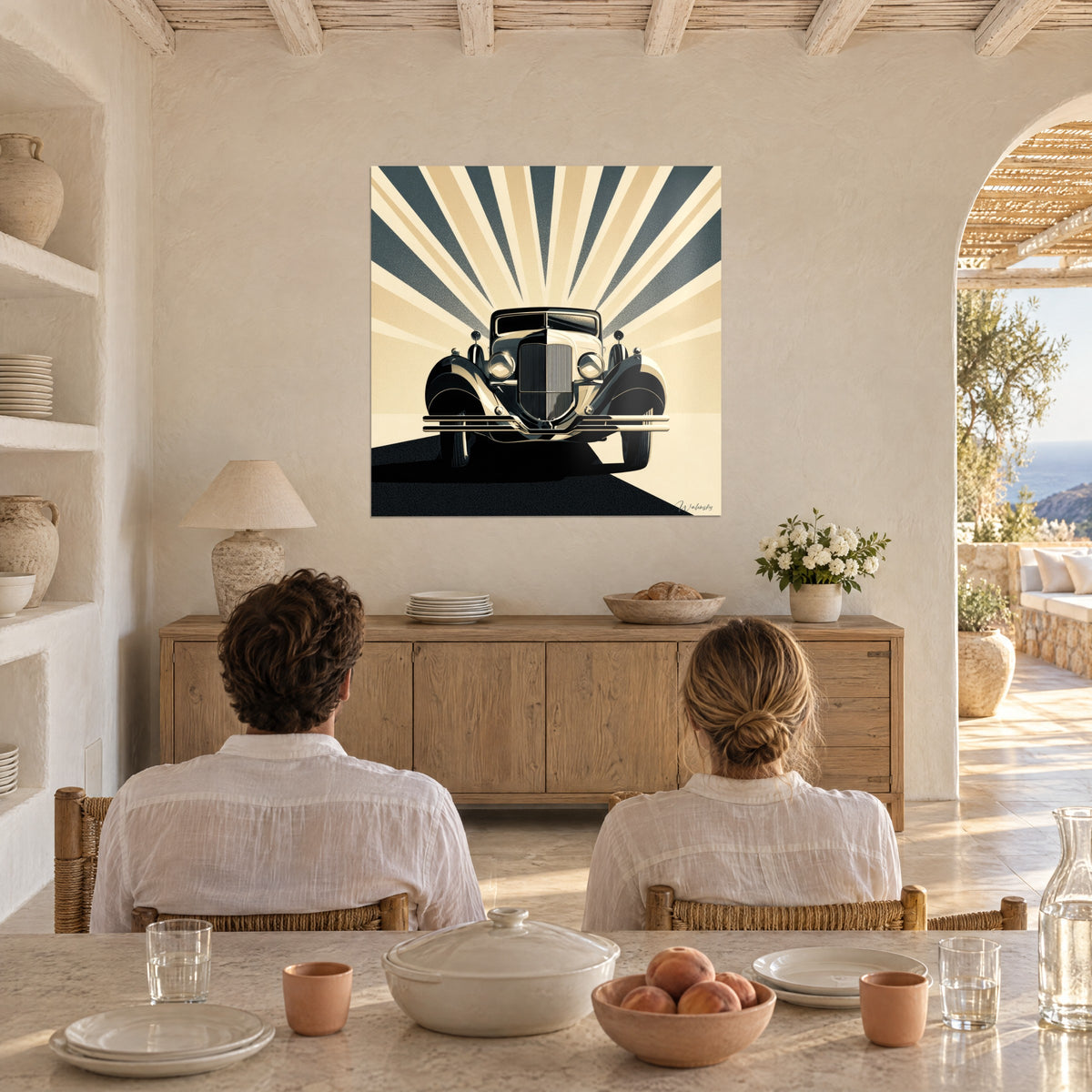 Retro coupe wall art with chrome bumpers, stylized beige and charcoal sun, couple seen from behind seated at a table in a white house
