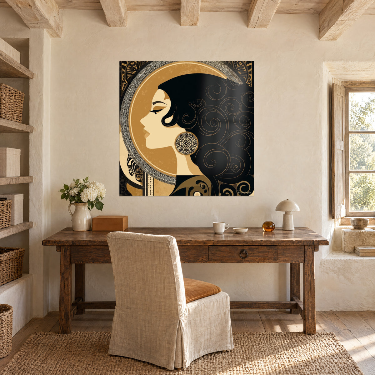 Quadro silhouette femminile Art Déco, volute scure su cerchio sabbia, ornamenti neri, scrivania in legno grezzo vicino a una finestra