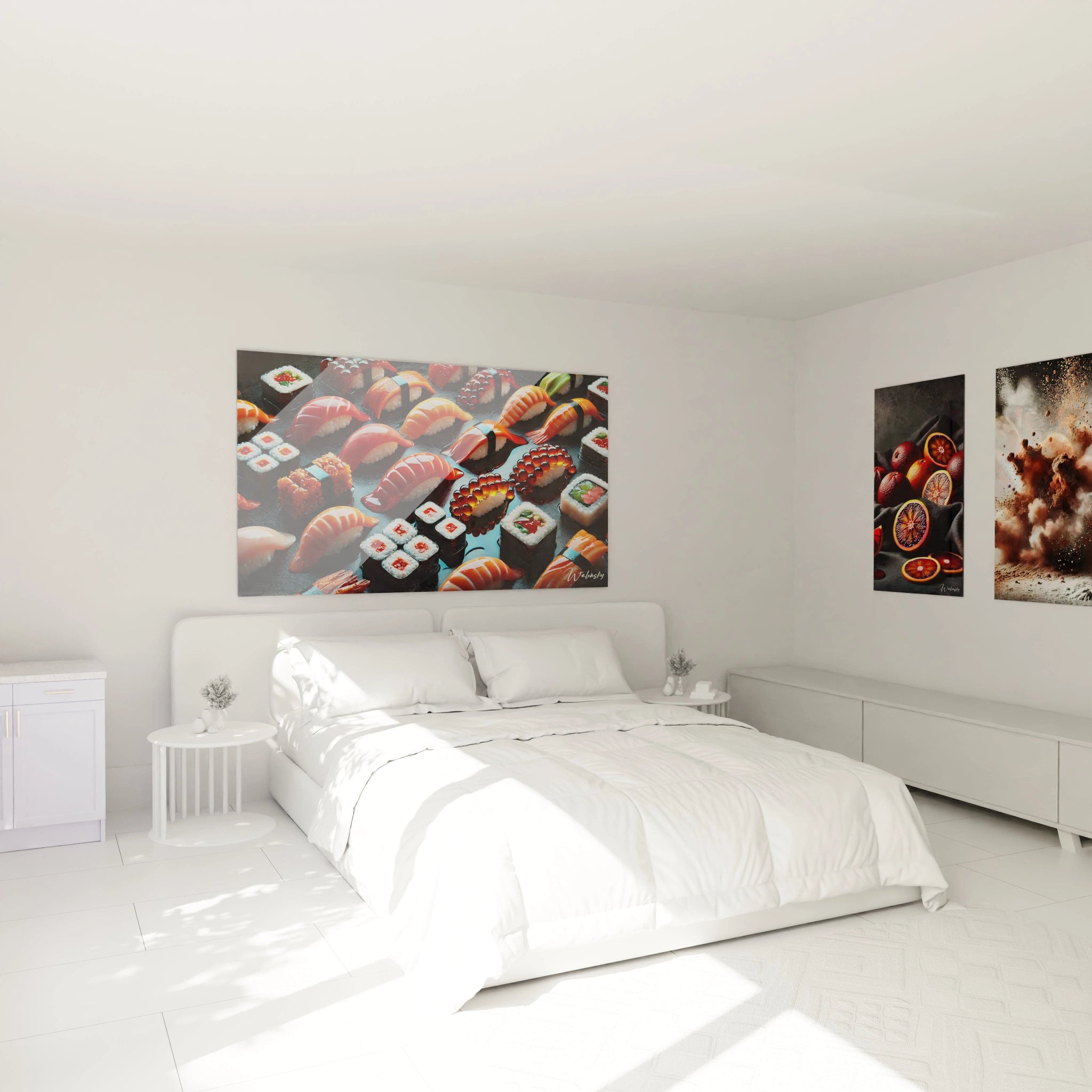 Dans une chambre moderne, ce tableau cuisine au-dessus du lit apporte une touche d’élégance et de sophistication avec ses couleurs éclatantes et son hommage à l'art culinaire japonais.

