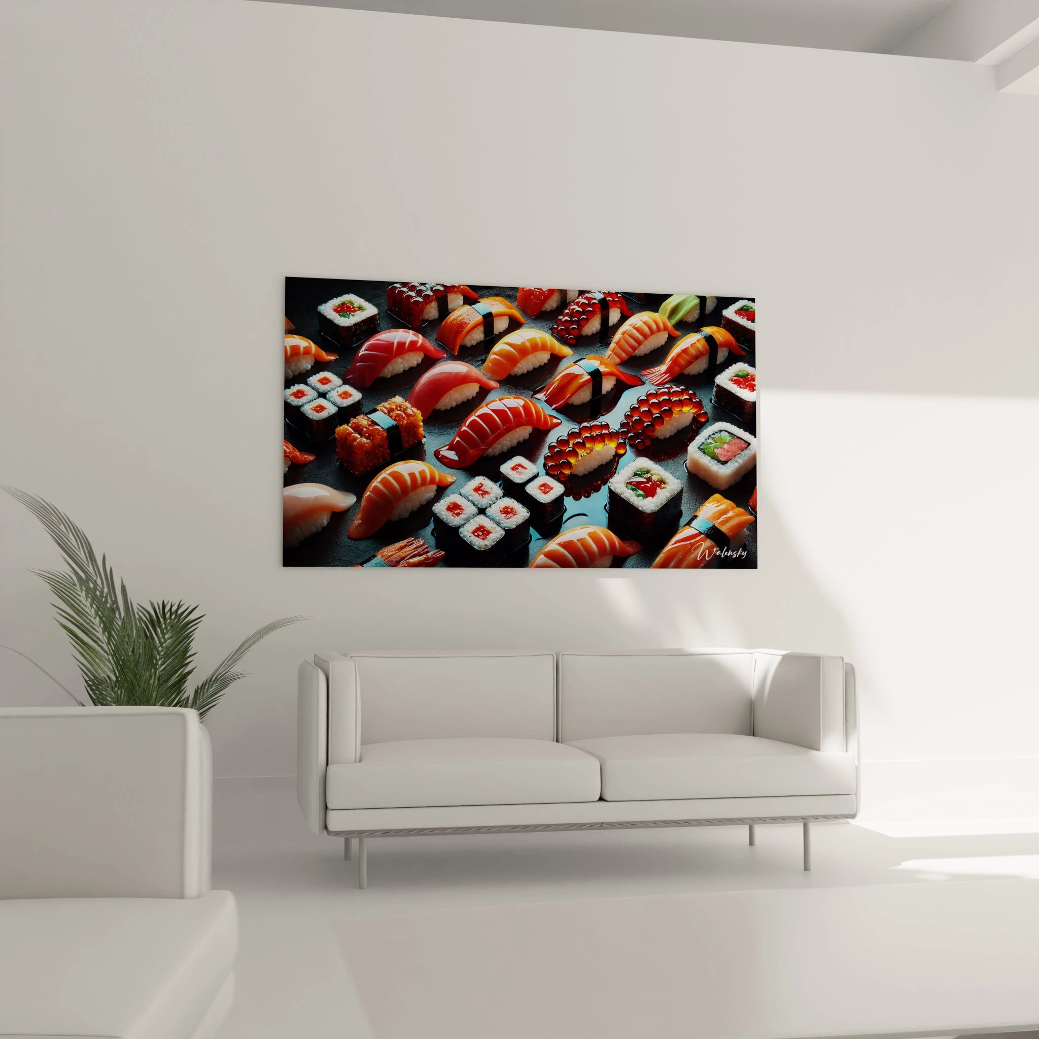 Le tableau cuisine suspendu au-dessus du canapé ajoute une ambiance gourmande et zen à votre salon, avec ses sushis délicatement peints et ses couleurs vives de saumon, thon et nori.

