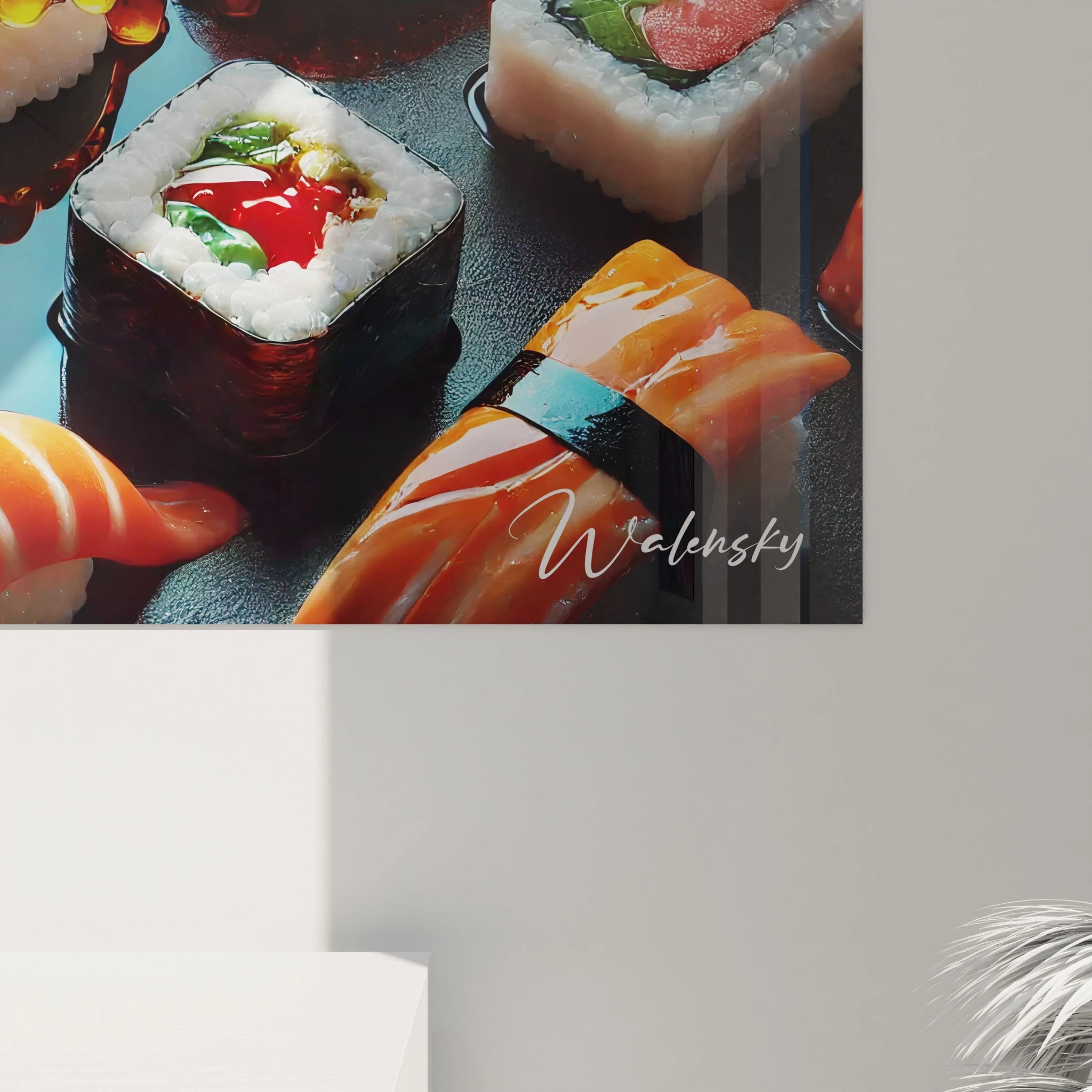 Zoom sur le tableau cuisine mettant en évidence la brillance des textures et la précision des détails, avec un contraste saisissant entre l'orange du saumon et le noir des feuilles de nori.

