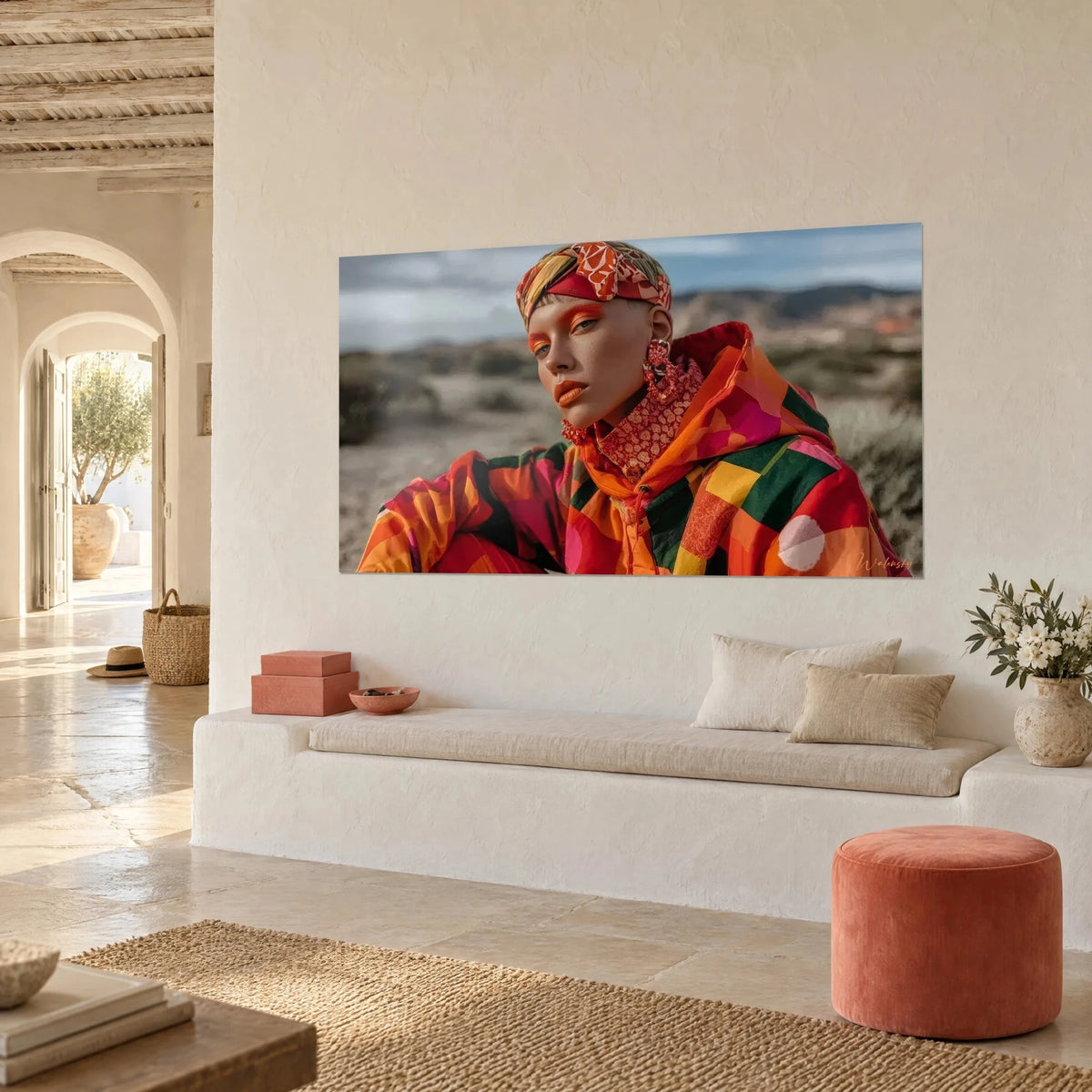 Wall art of a model with green eyes, coral lipstick, orange and pink patchwork hood, whitewashed wall, white banquette in an alcove