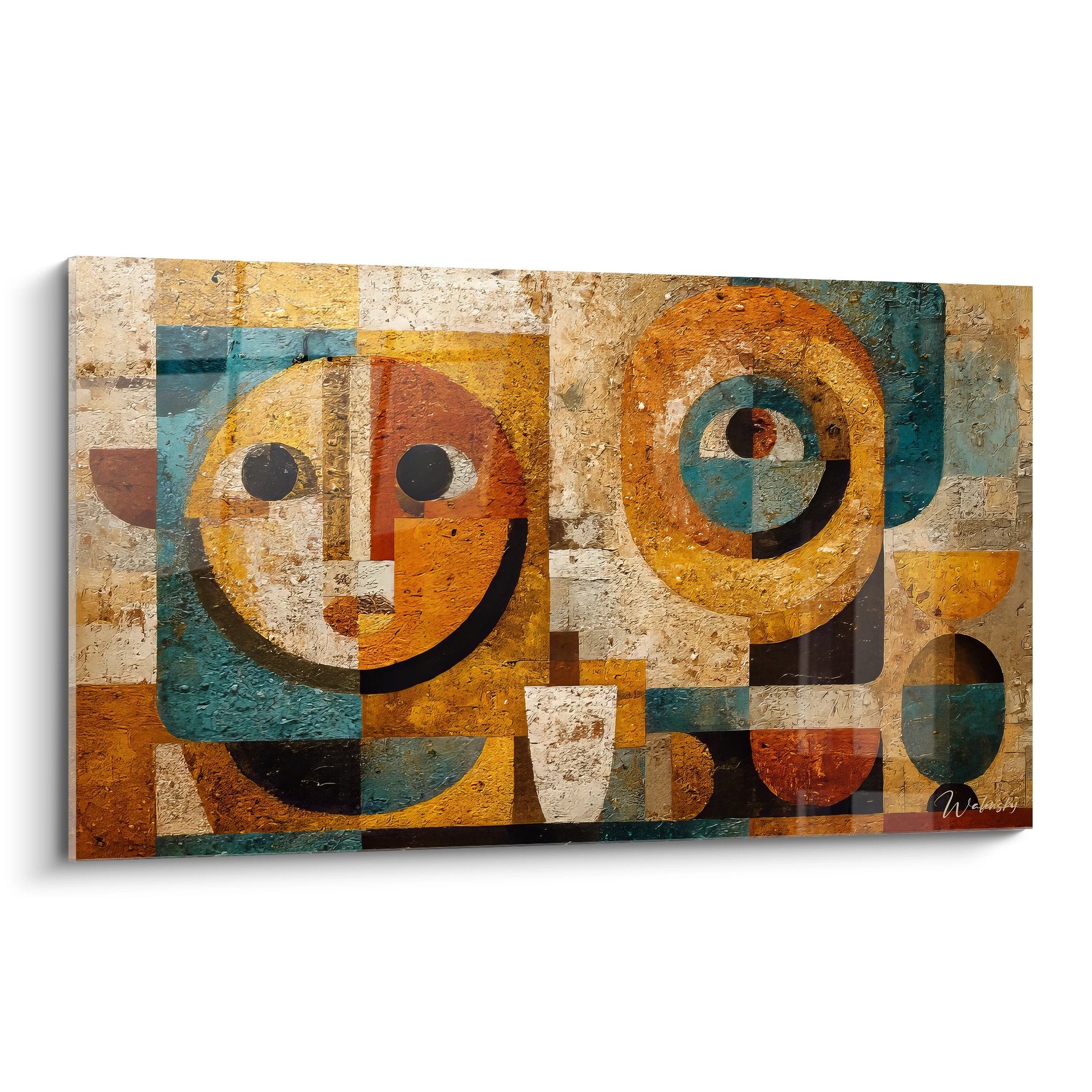 Tableau art géométrique africain avec visages abstraits colorés en tons ocre et bleu