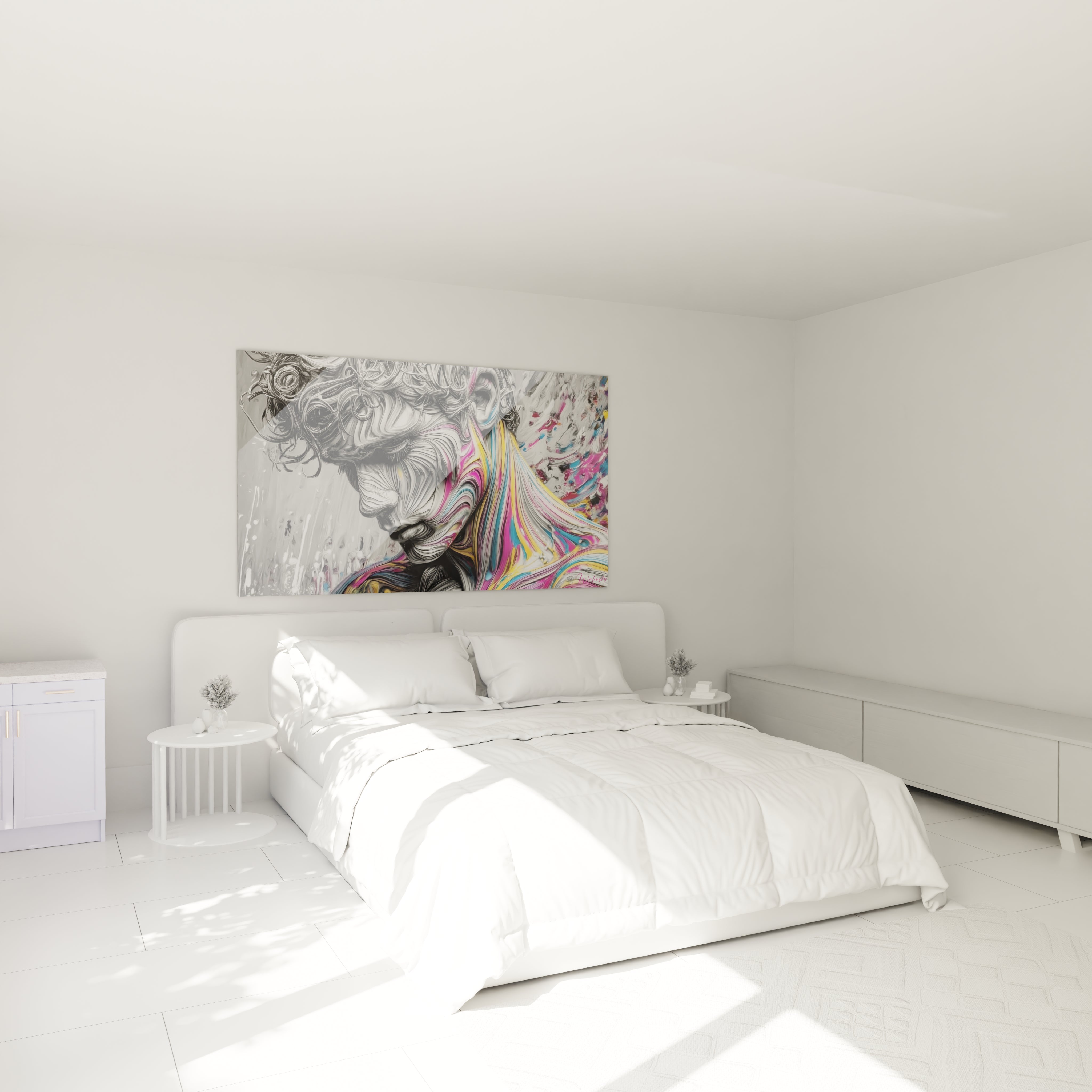 Tableau art masculin moderne avec un design coloré dans une chambre lumineuse et moderne