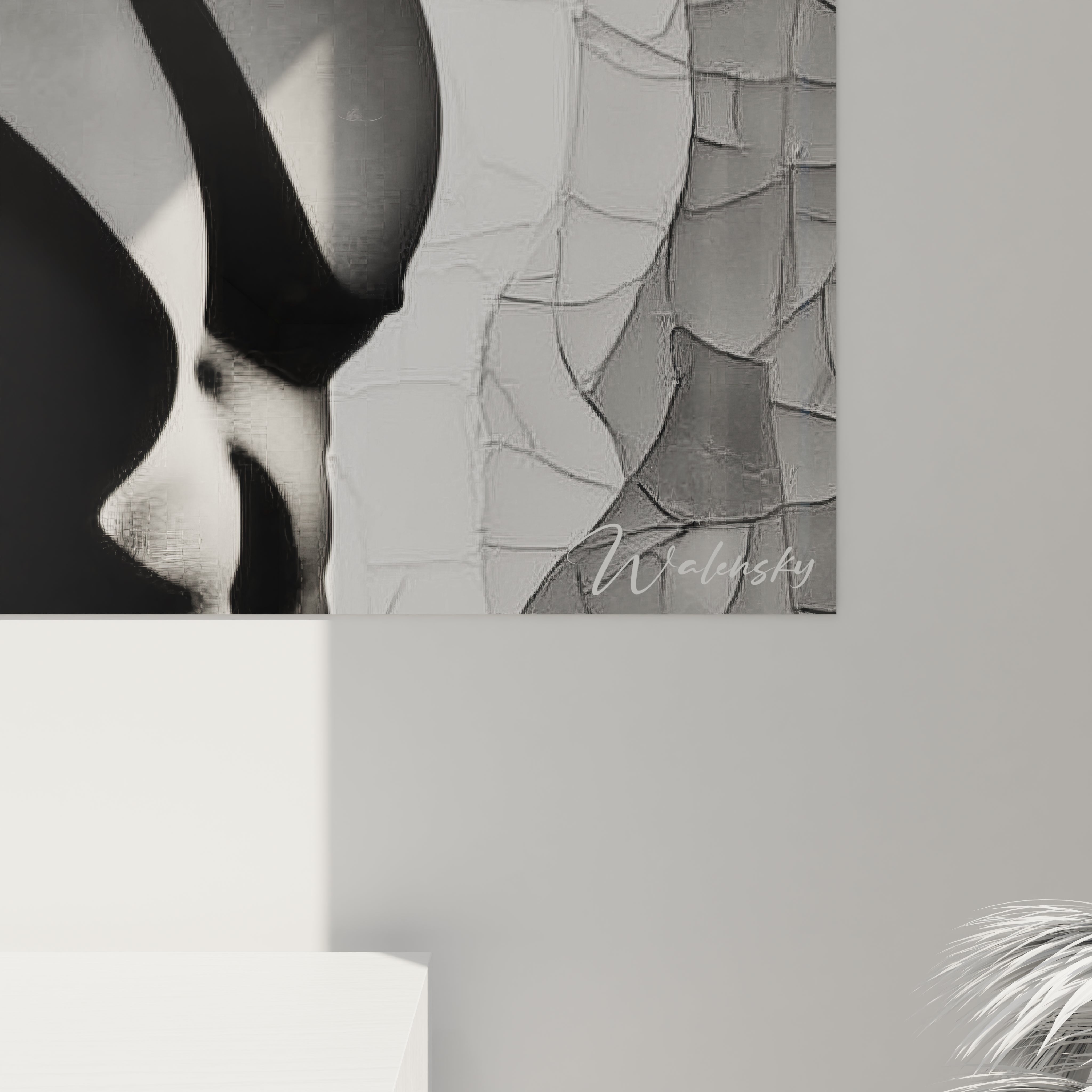 Tableau art masculin moderne en noir et blanc, représentant une silhouette stylisée sur un fond texturé
