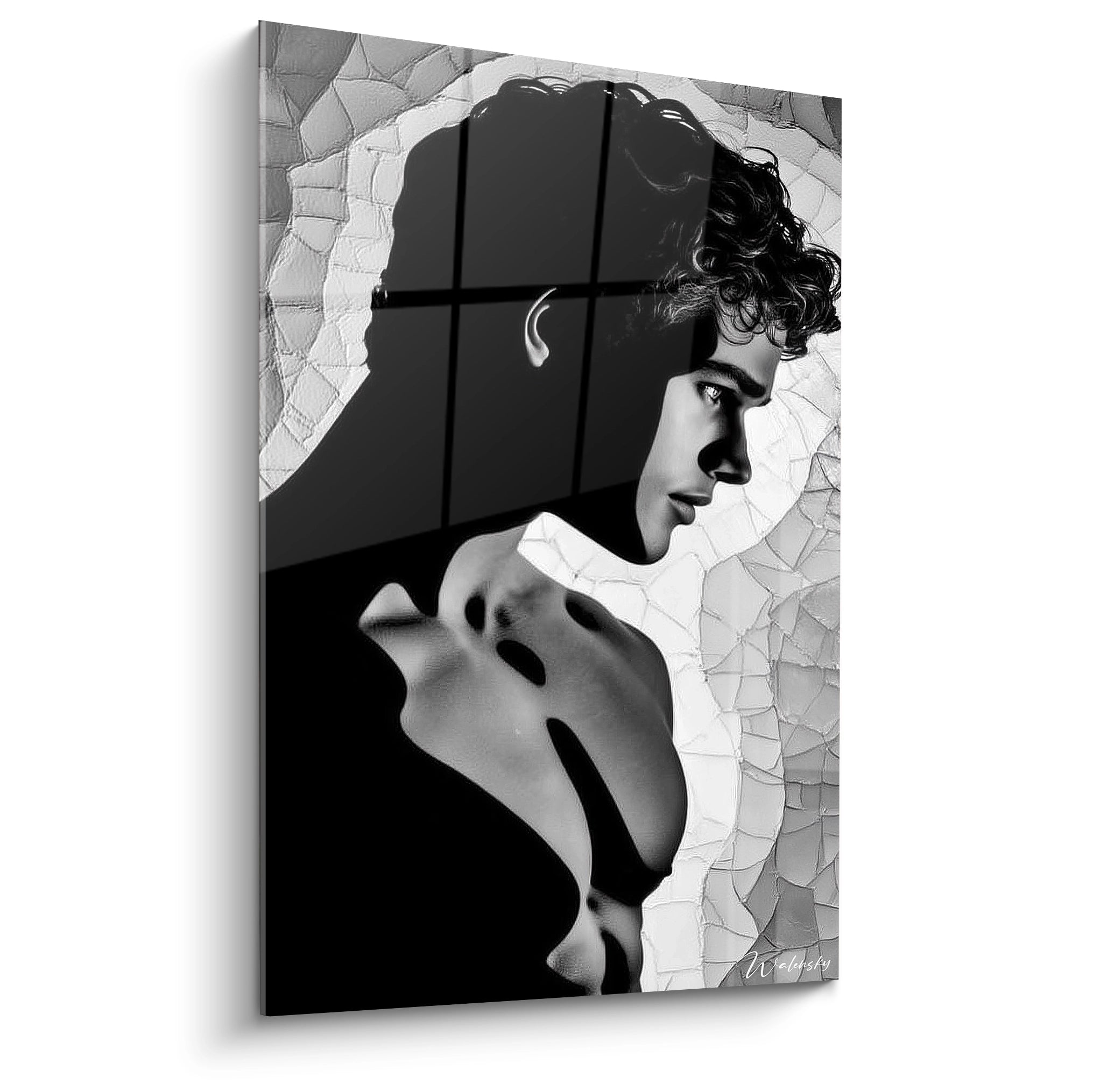 Tableau art masculin moderne en noir et blanc représentant le profil d'un homme avec un design artistique