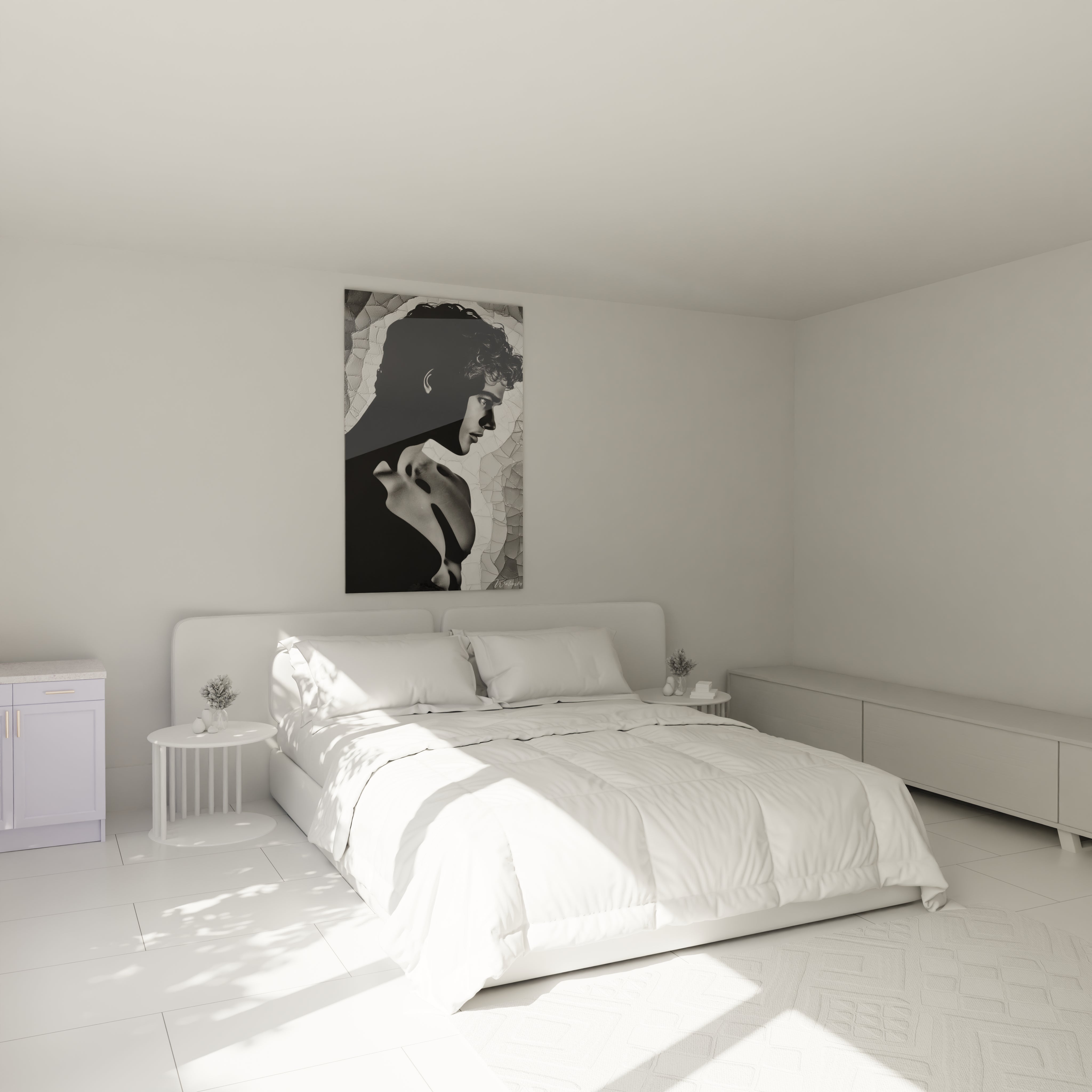 Tableau mural art masculin moderne de Walensky dans une chambre lumineuse avec lit blanc