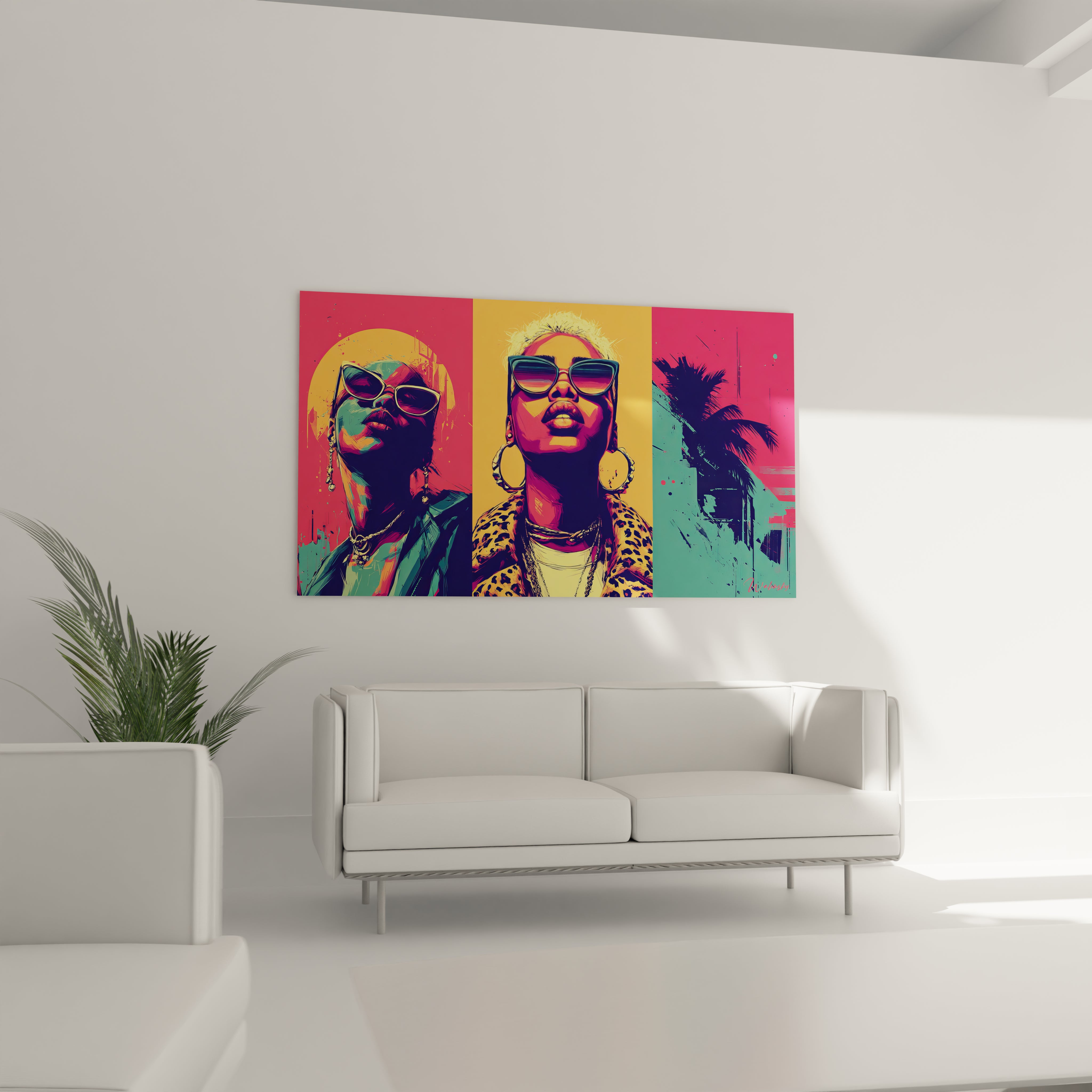 Tableau mural art moderne femmes représentant des femmes stylées avec couleurs vives sur un mur blanc