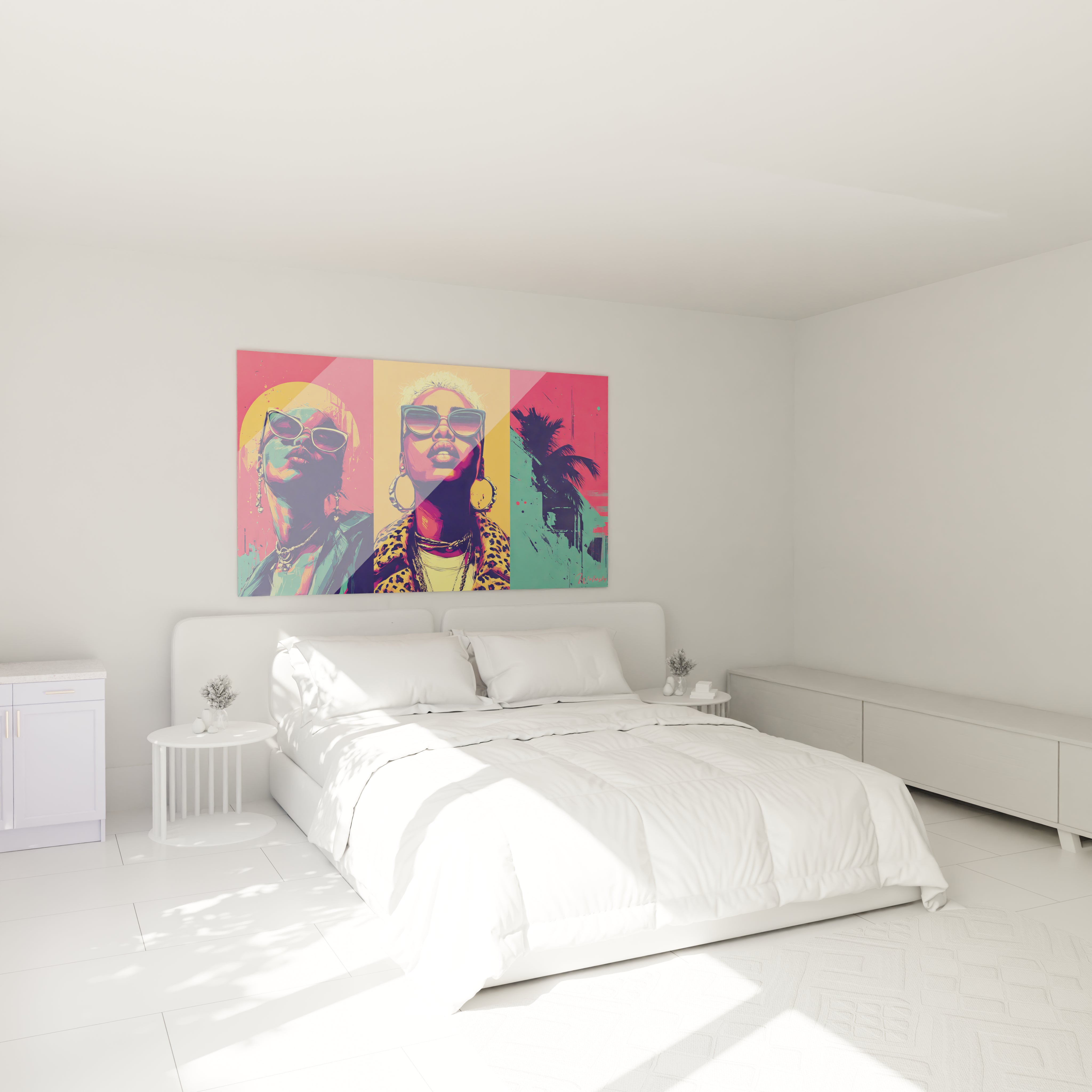 Tableau art moderne femmes coloré dans une chambre avec lit et mobilier minimaliste