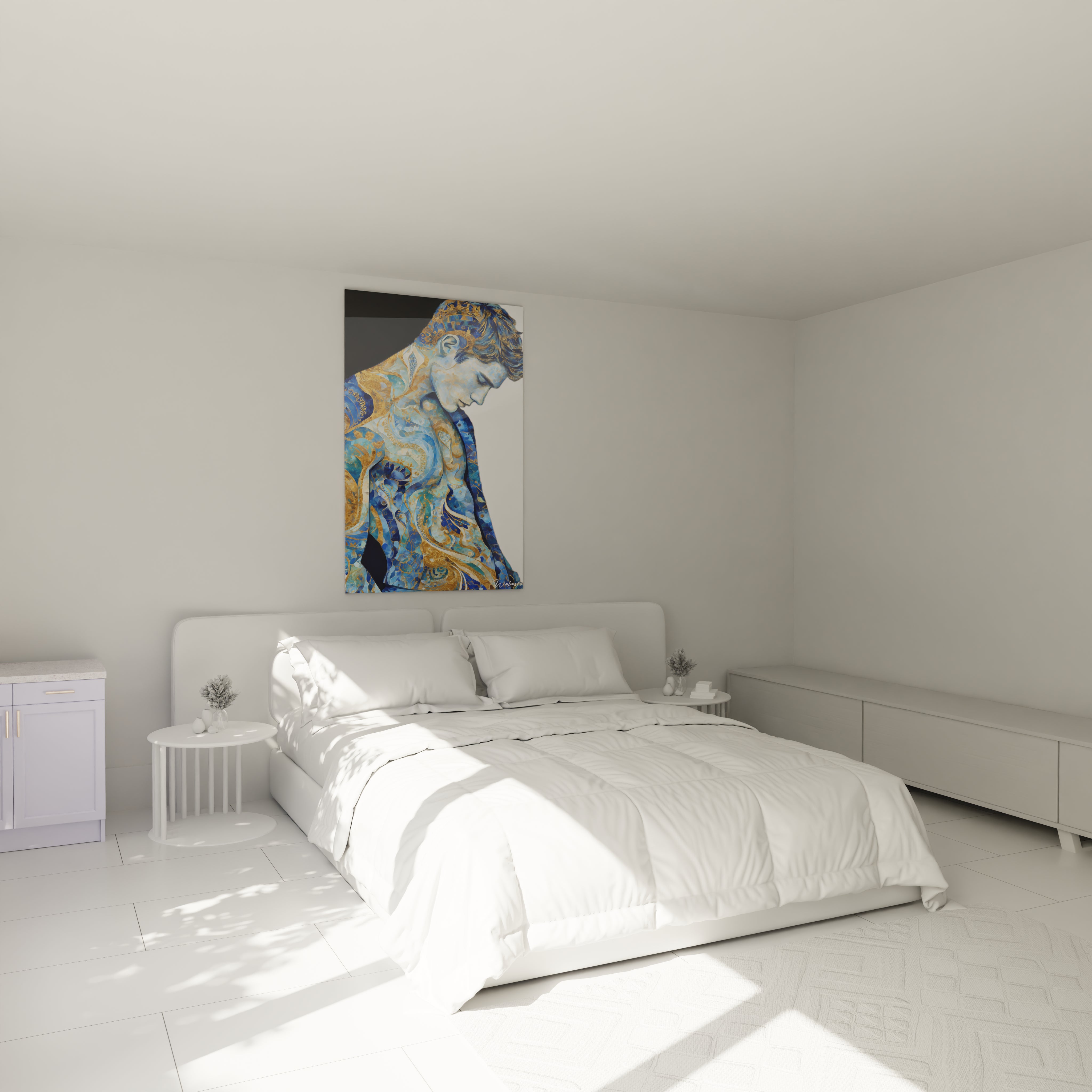 Tableau art mural masculin doré dans une chambre moderne avec lit blanc et lumière naturelle