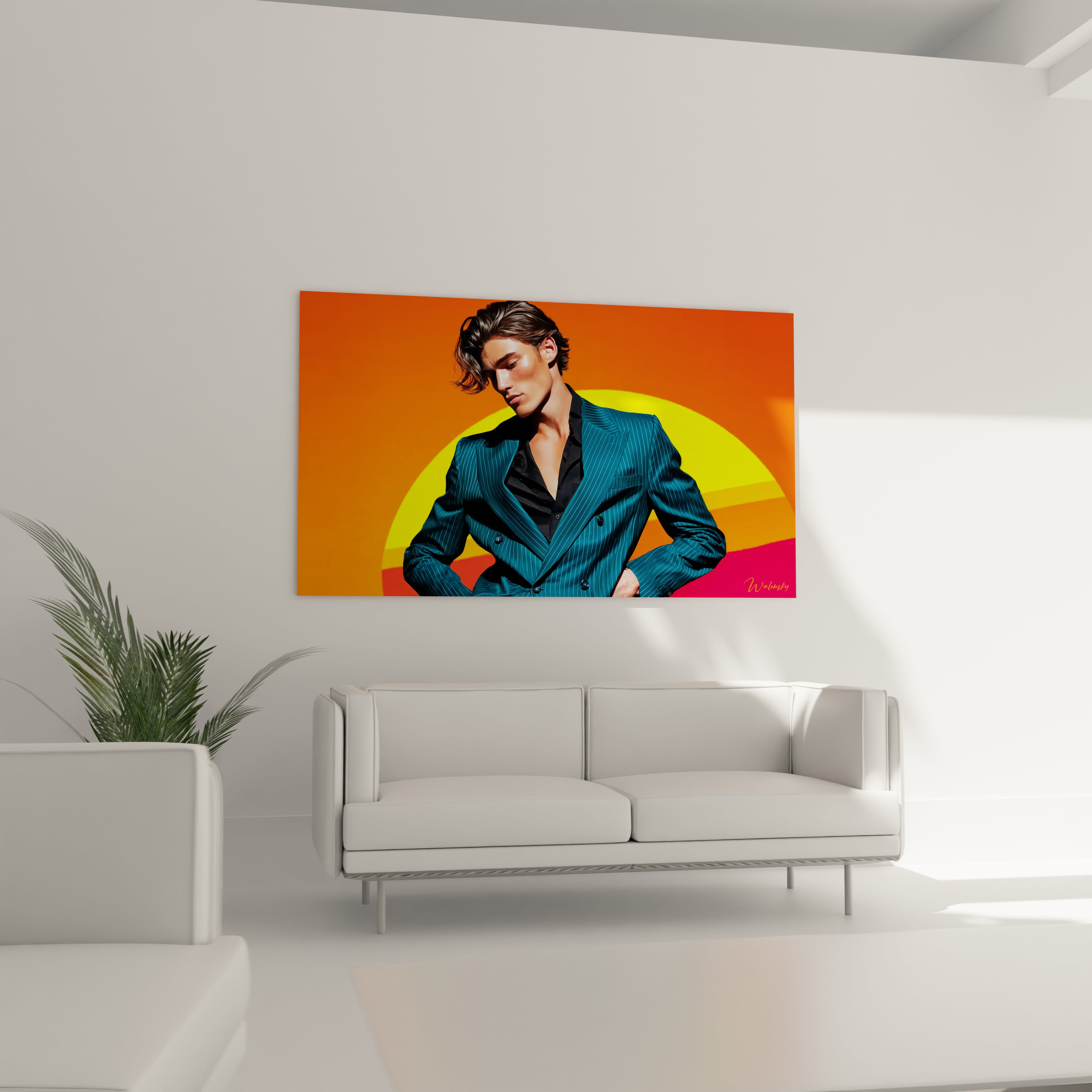 Tableau art mural masculin de Walensky avec un homme en costume bleu sur fond orange