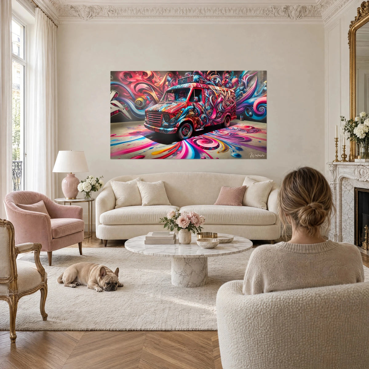 Schilderij van een gepimpte bestelwagen met roze en blauwe spiralen, Walensky-handtekening, vrouw van achteren, bulldog, boven een bank in een lichte woonkamer