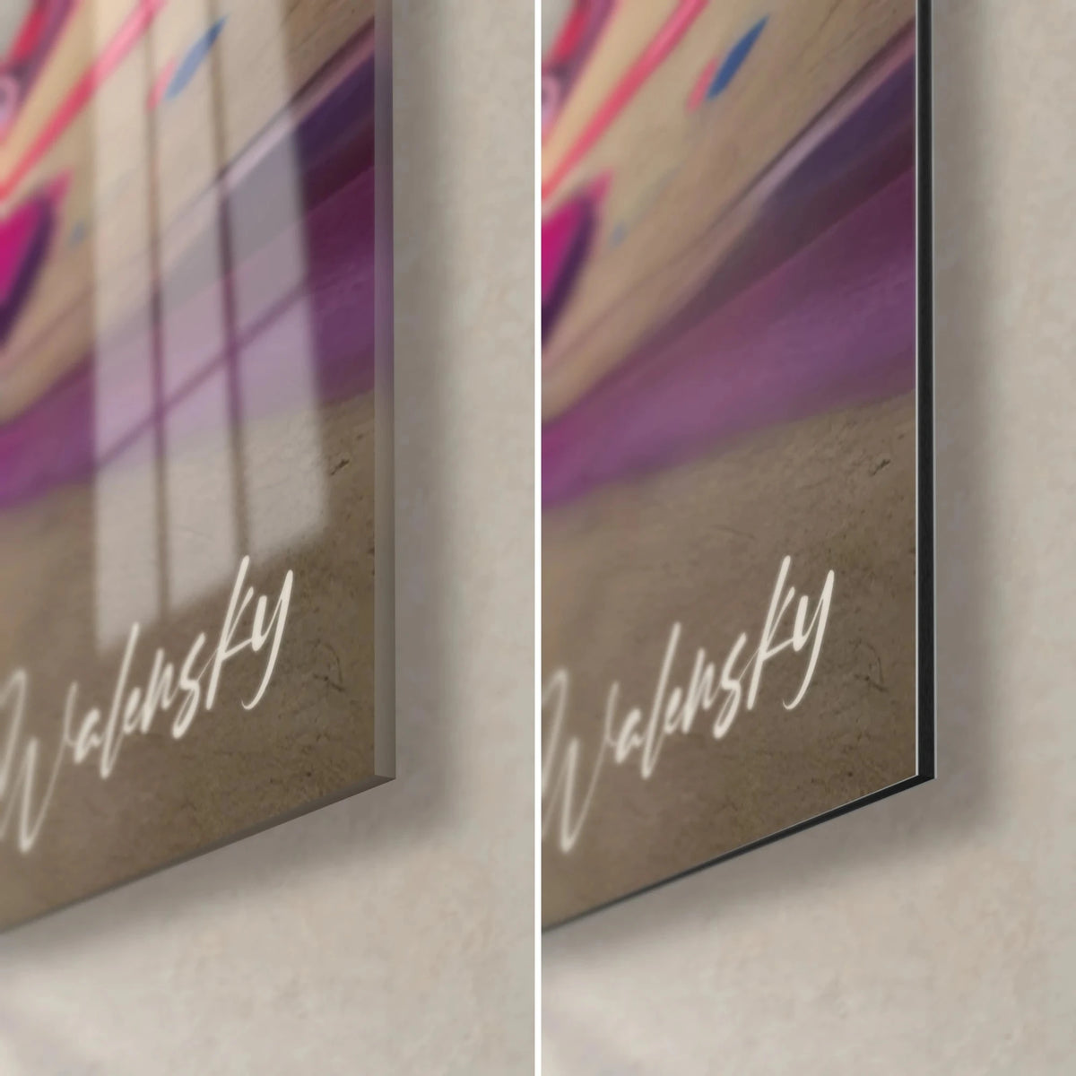 Schilderij van een graffitibestelwagen met paarse en roze krullen, rechteronderhoek, glanzend glas links, mat Dibond rechts, rand van 3 mm