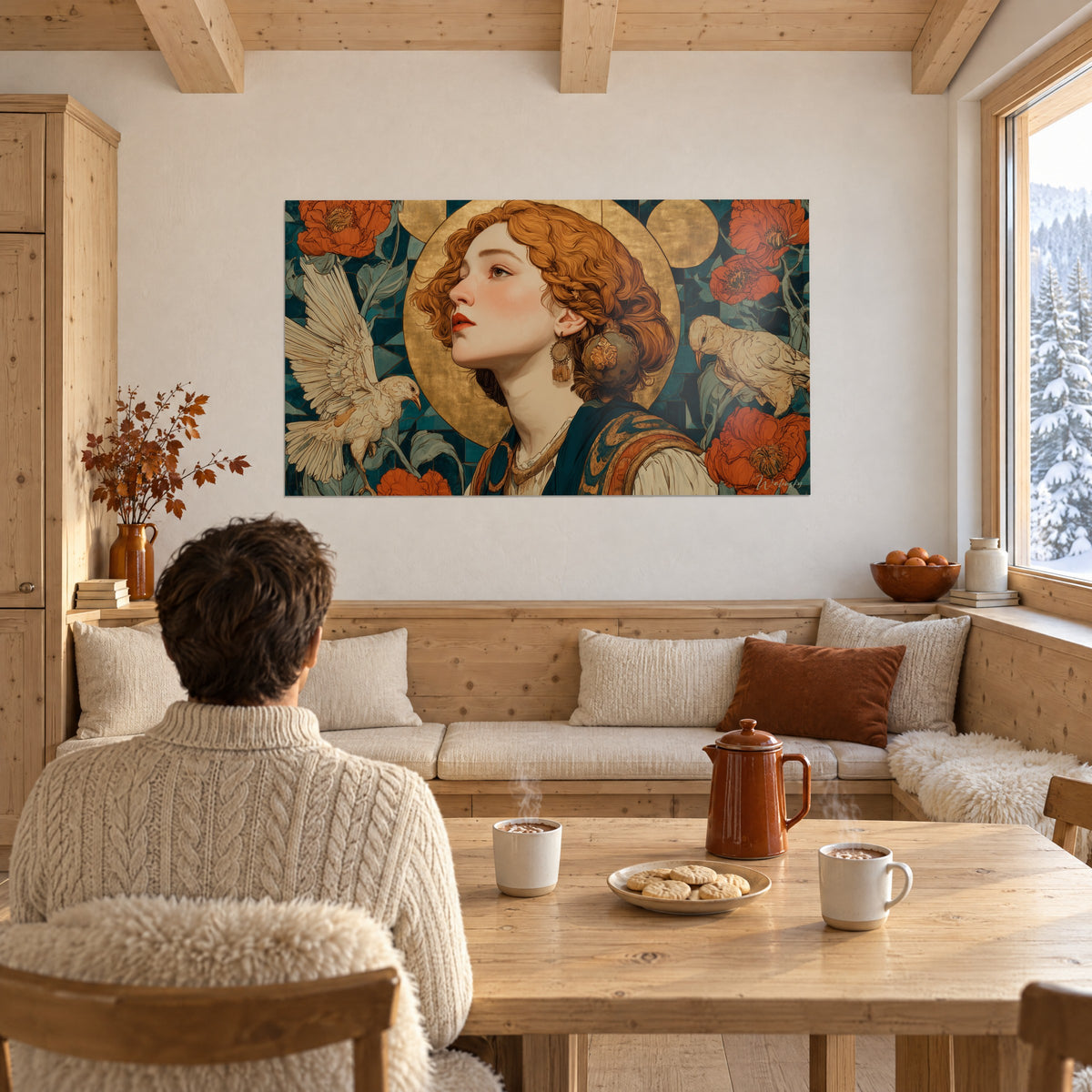 Cuadro paloma marfil de alas desplegadas junto a una pelirroja de perfil orgulloso, fondo turquesa y dorado, frente a una mesa de madera de chalé