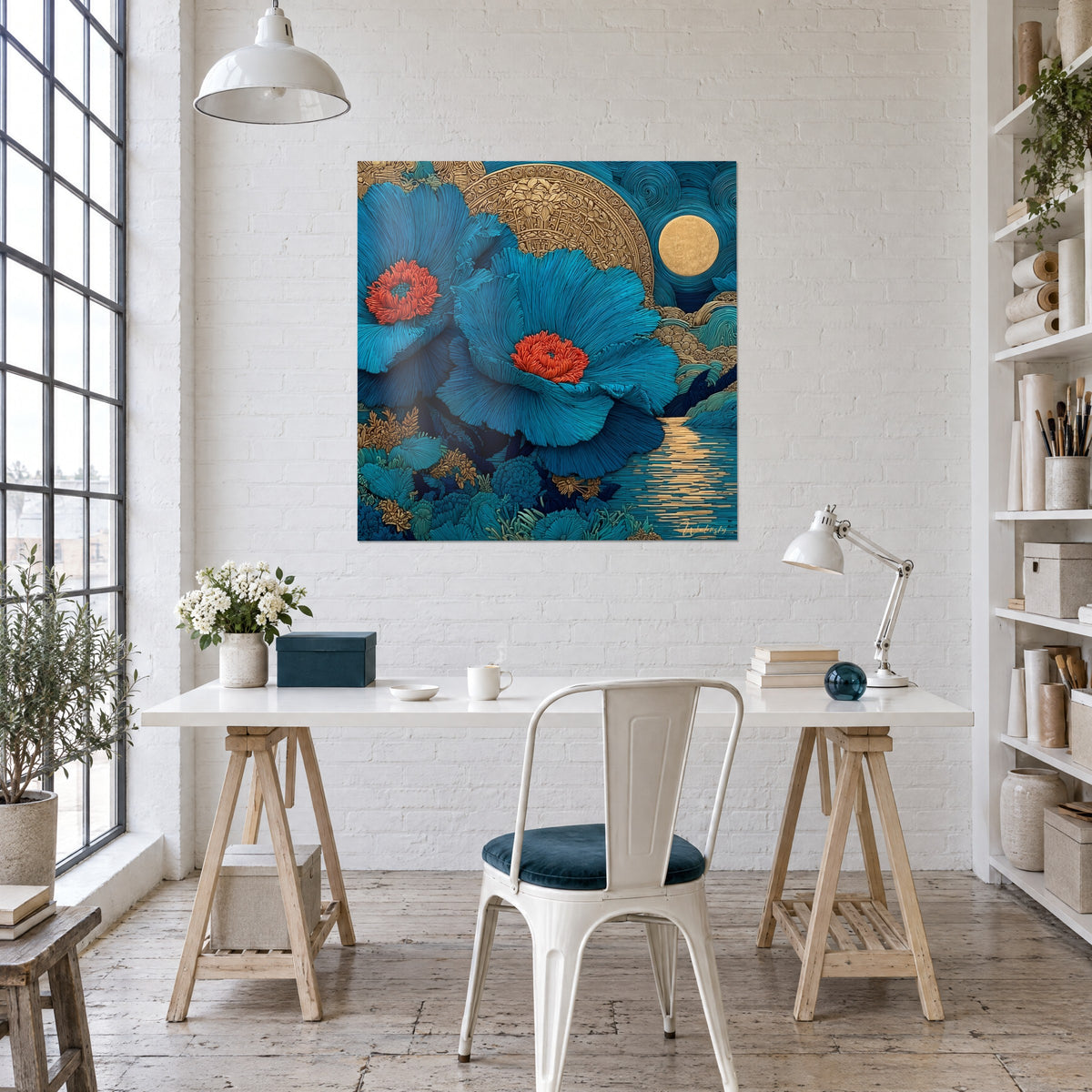Cuadro de floración azul petróleo en relieve, corazones coral, reflejos dorados sobre el agua, pared blanca sobre un escritorio de caballetes