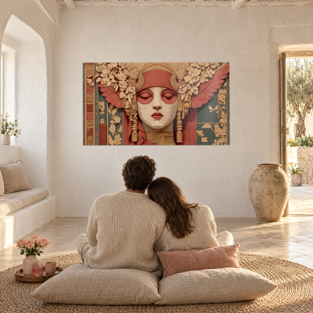 Cuadro efigie alada de ojos cerrados, rojo teja y verde azulado, pareja abrazada de espaldas sobre cojines frente a la pared blanca
