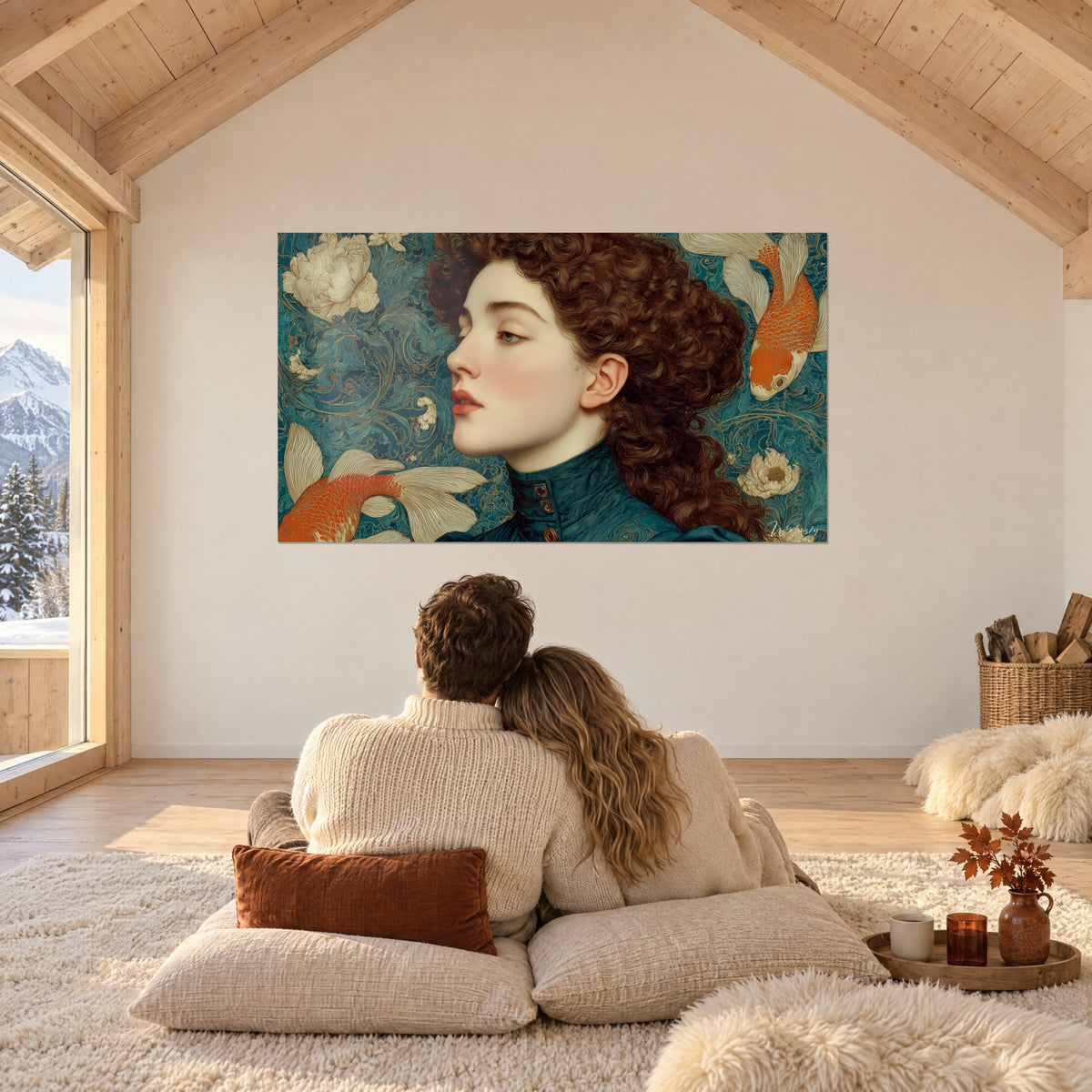 Πίνακας Art nouveau γυναίκας με γαλήνιο προφίλ, καφέ μπούκλες και πορτοκαλί κυπρίνους σε πράσινο-μπλε φόντο, ζευγάρι από πλάτης πάνω σε μαξιλάρια