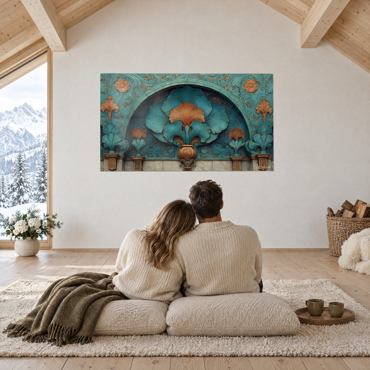 Cuadro mosaico de abanicos turquesa y naranja sobre un arco de piedra, contemplado por una pareja sentada en cojines en la cabaña