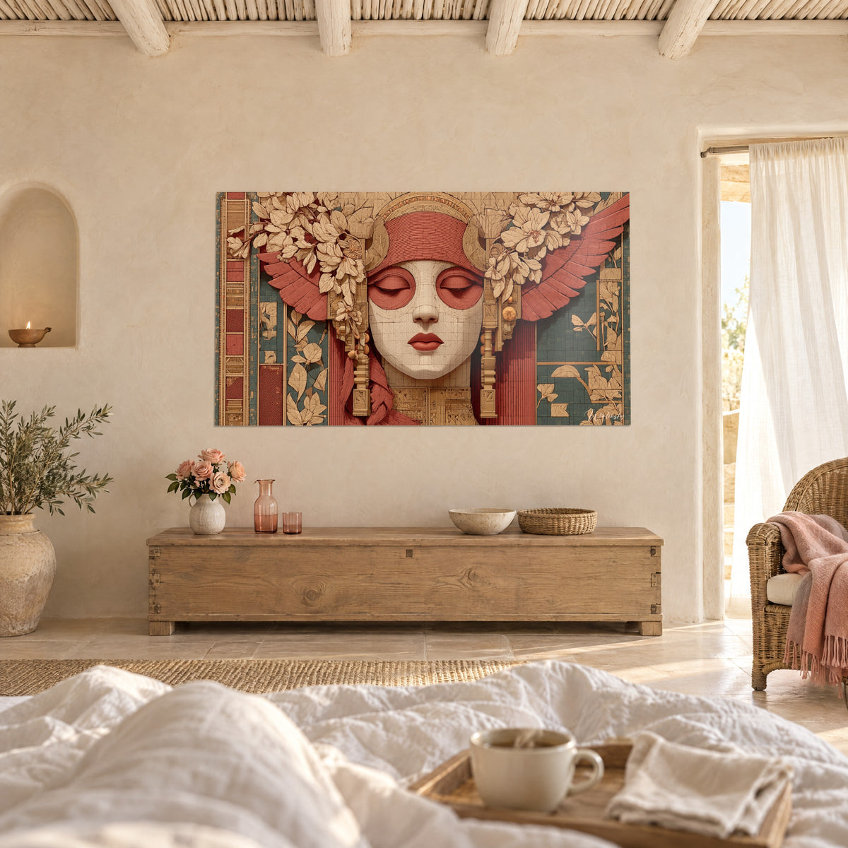 Cuadro retrato de diosa con alas coral y flores doradas, rostro de mosaico marfil, encima de una cama en un dormitorio claro