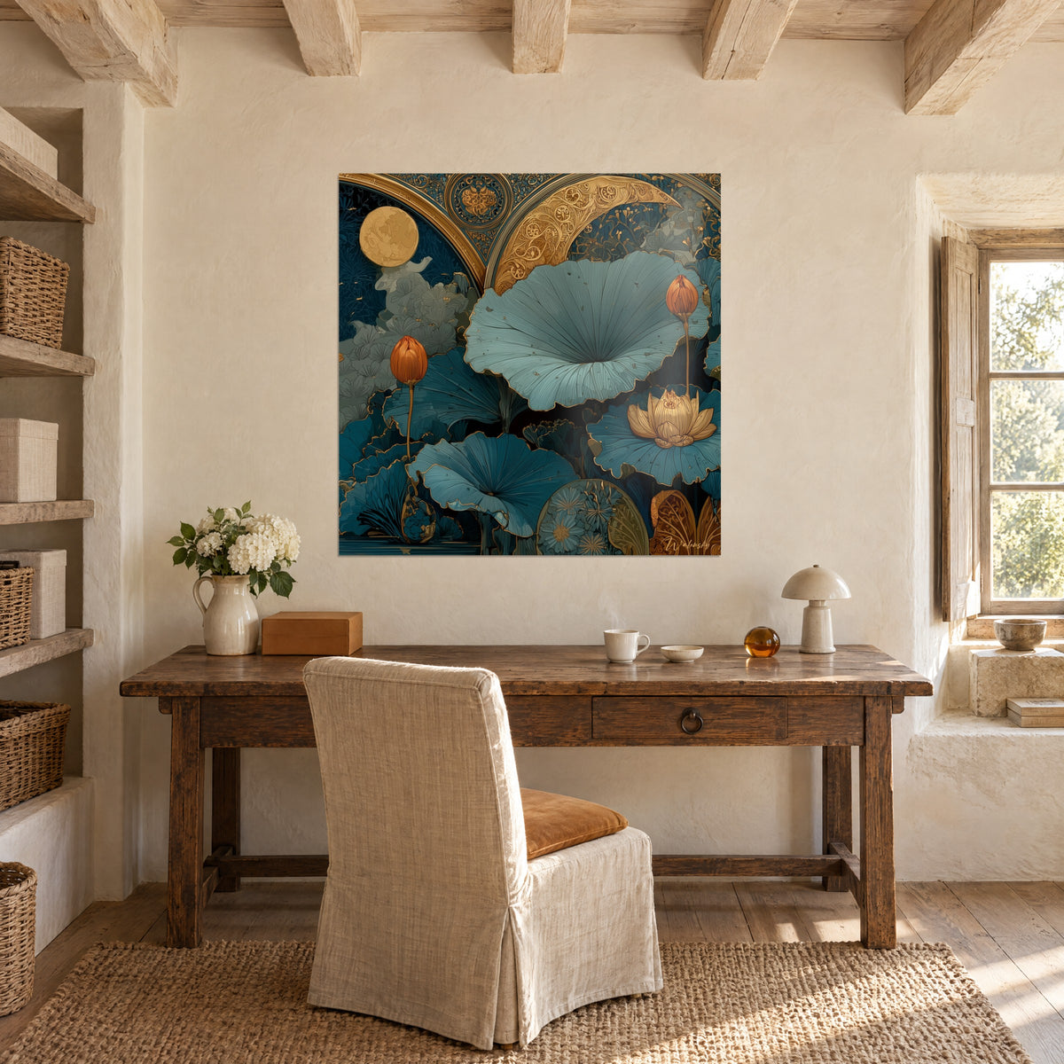 Cuadro flores de loto estilizadas, arabescos dorados y azul petróleo, botón naranja, en la pared de un escritorio de madera, sillón crema