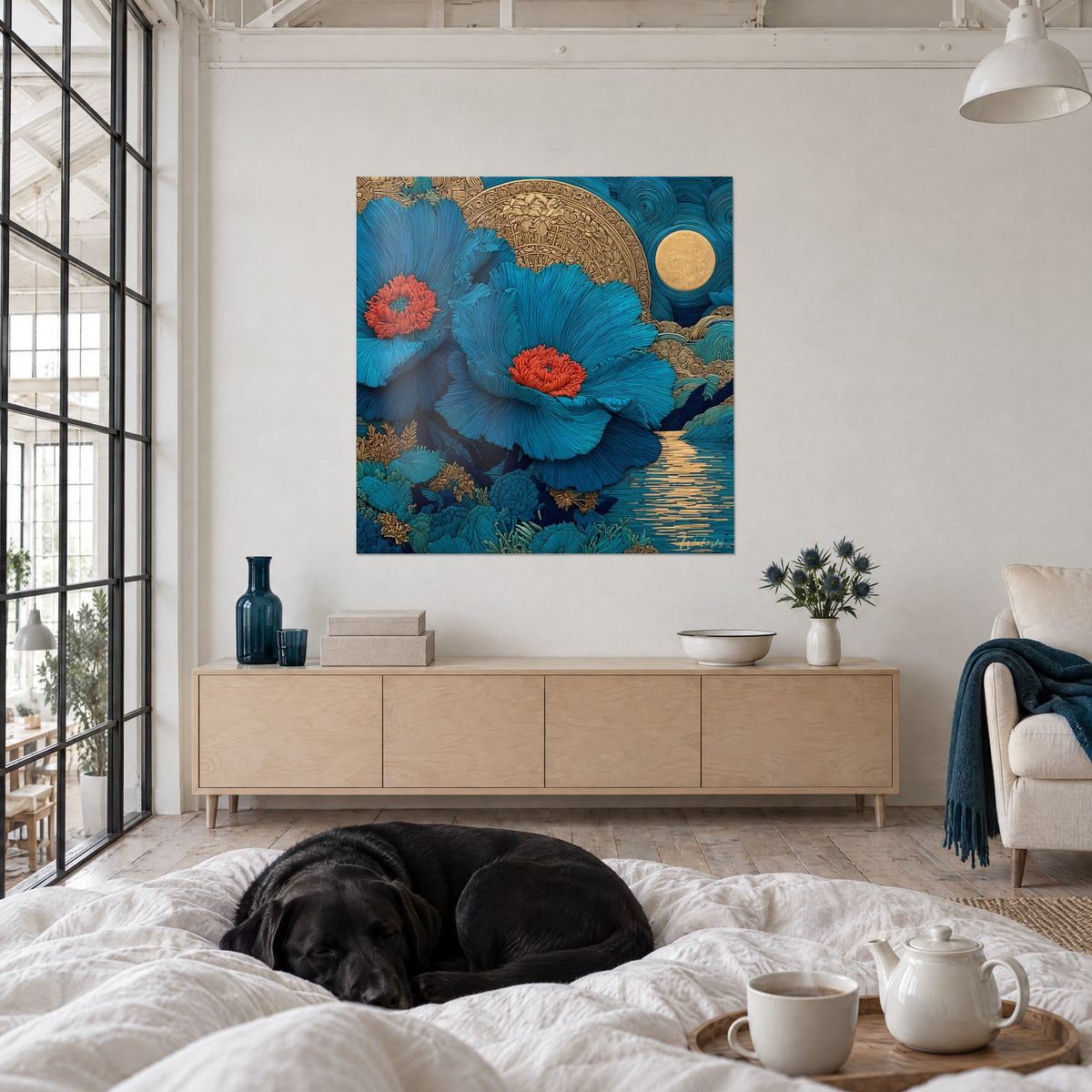Cuadro de pétalos de hilos azul real, corazones rojo anaranjado, luna dorada, con un labrador negro, sobre una cama en un dormitorio luminoso