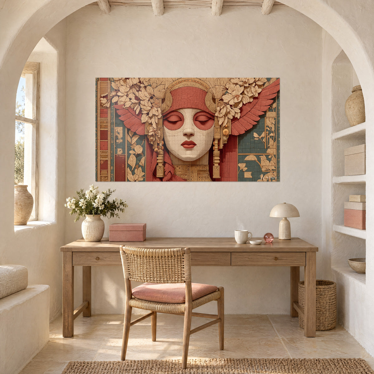 Cuadro rostro de diosa Art nouveau, tocado rojo, alas color ladrillo y flores beige, encima de un escritorio de madera clara