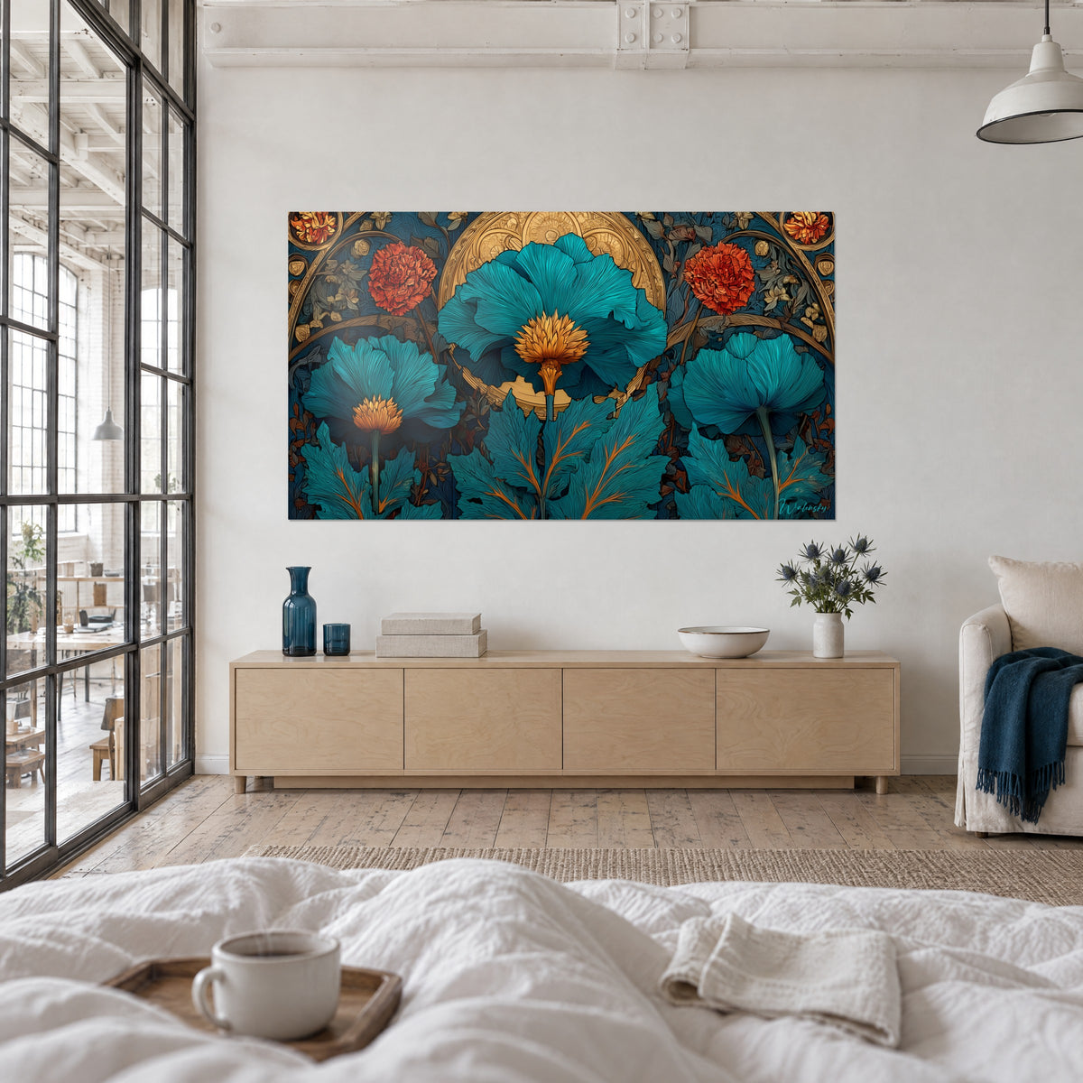 Πίνακας ανθοφορία Art Nouveau σε τυρκουάζ και χρυσό, έντονα κόκκινα γαρίφαλα, άτομο από την πλάτη σε λευκό κρεβάτι, κρεμασμένος πάνω από κρεβάτι σε φωτεινή κρεβατοκάμαρα