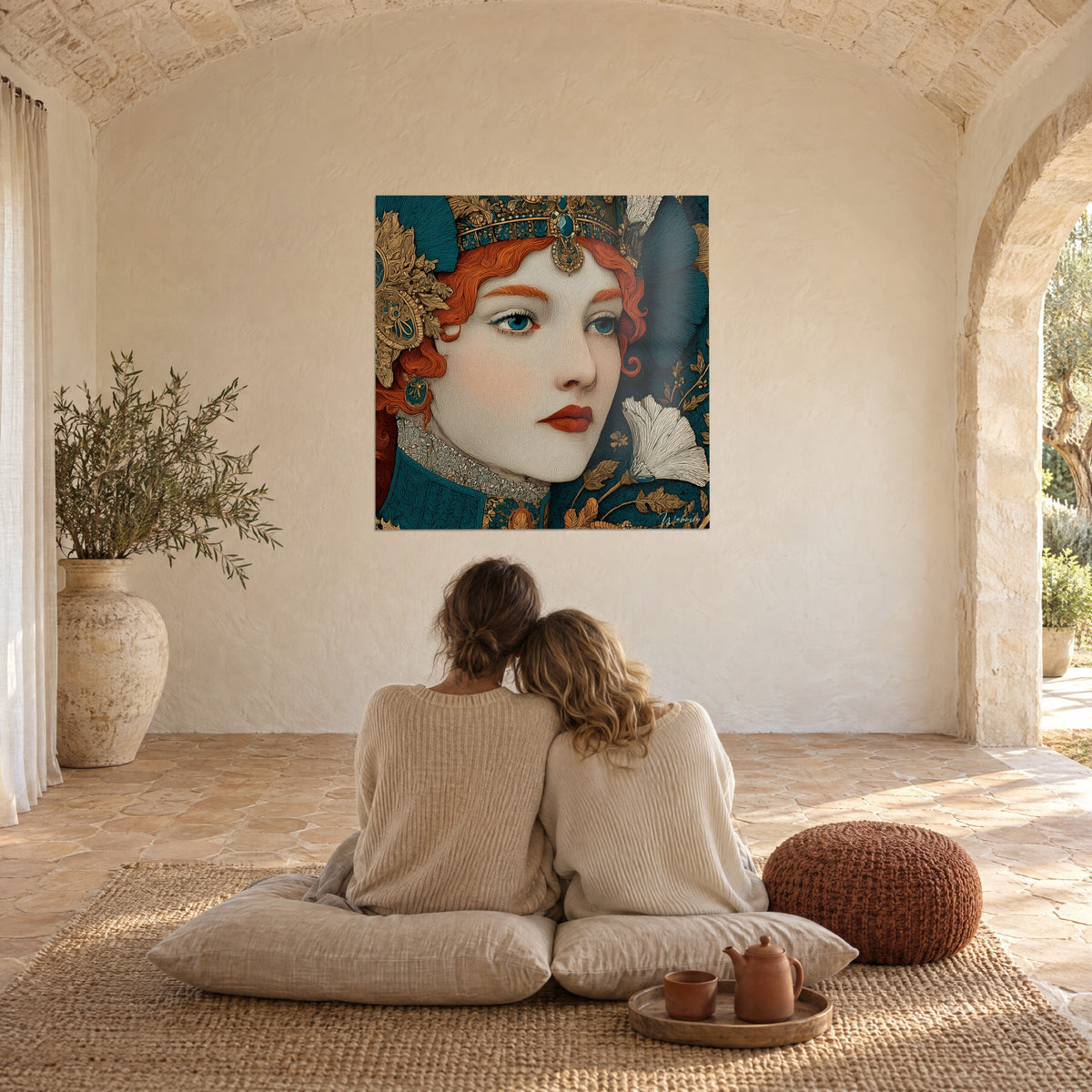 Πίνακας κυρία με μισόκλειστα βλέφαρα, ρόδινο μάγουλο, χρυσά floral μοτίβα σε τιρκουάζ φόντο, μπροστά σε αγκαλιασμένο ζευγάρι πάνω σε μαξιλάρια