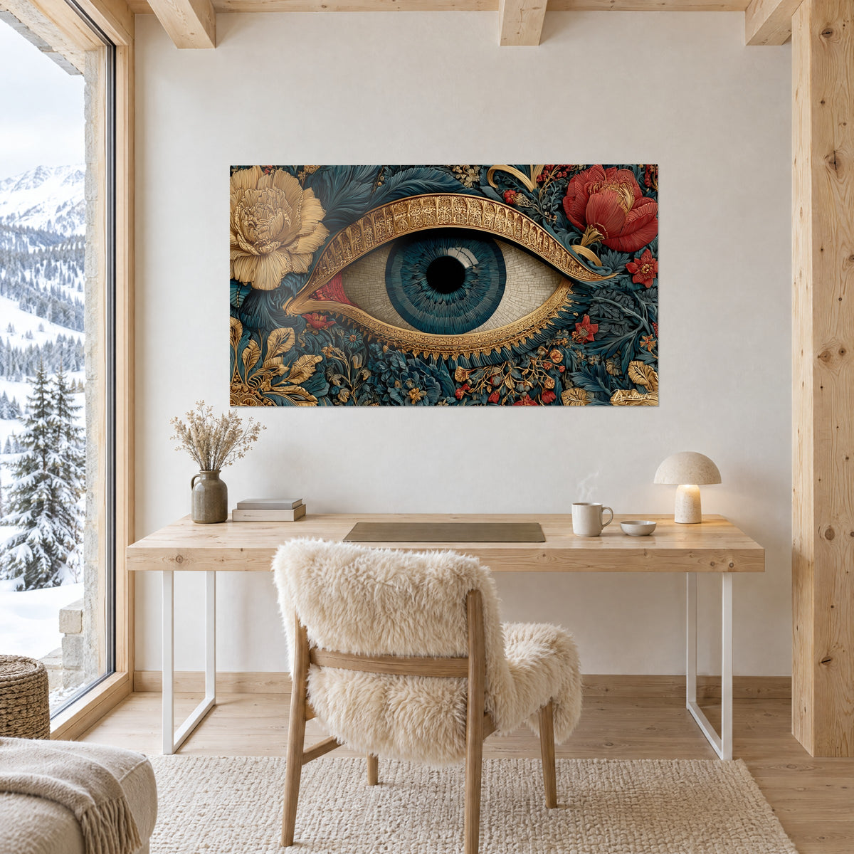 Quadro bulbo oculare blu acciaio incastonato con un arabesco dorato, peonia color crema in alto a sinistra, sopra una scrivania in legno chiaro
