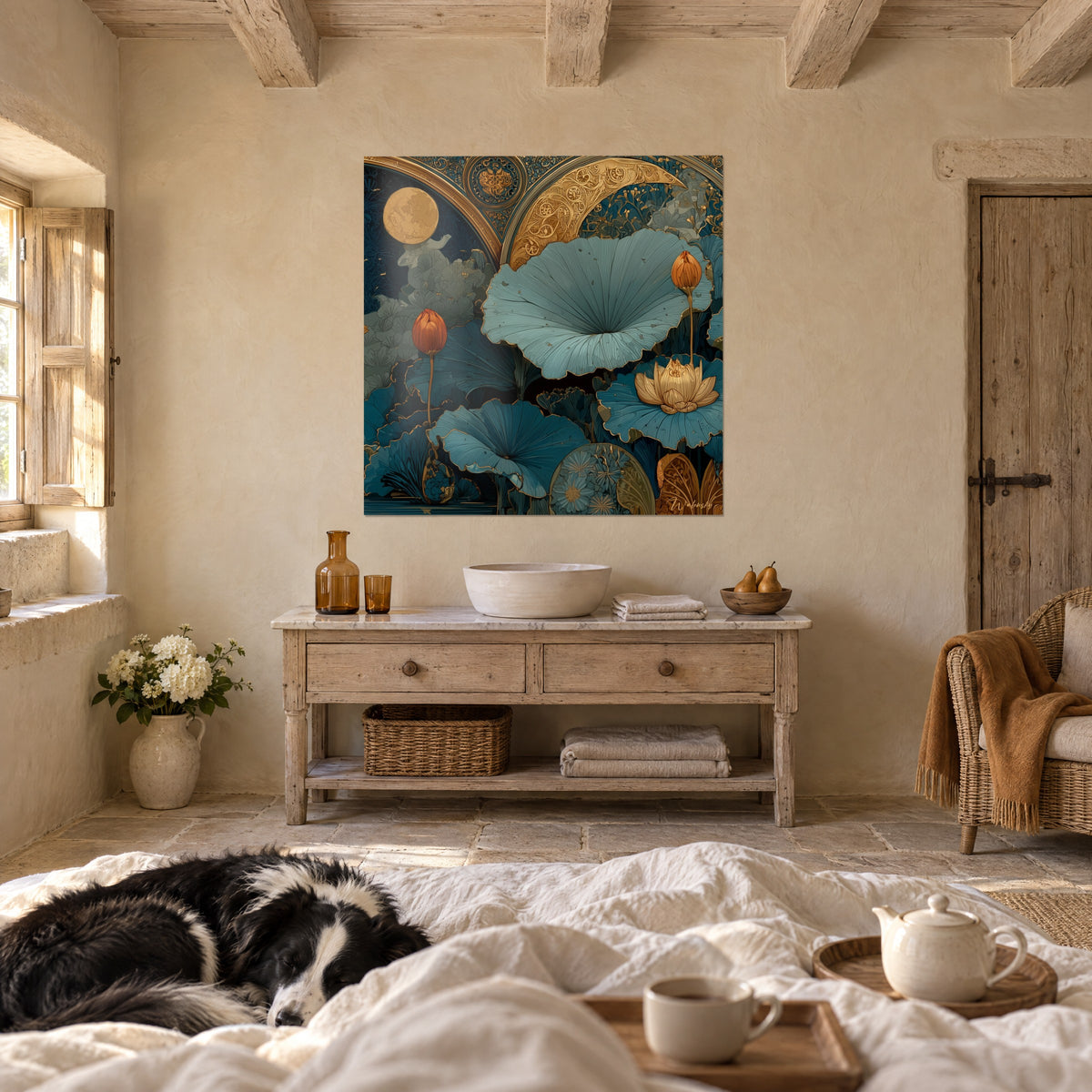 Cuadro decoración floral Art Nouveau, grandes hojas azul verdoso y luna ocre, collie tumbado sobre una cama en un dormitorio claro