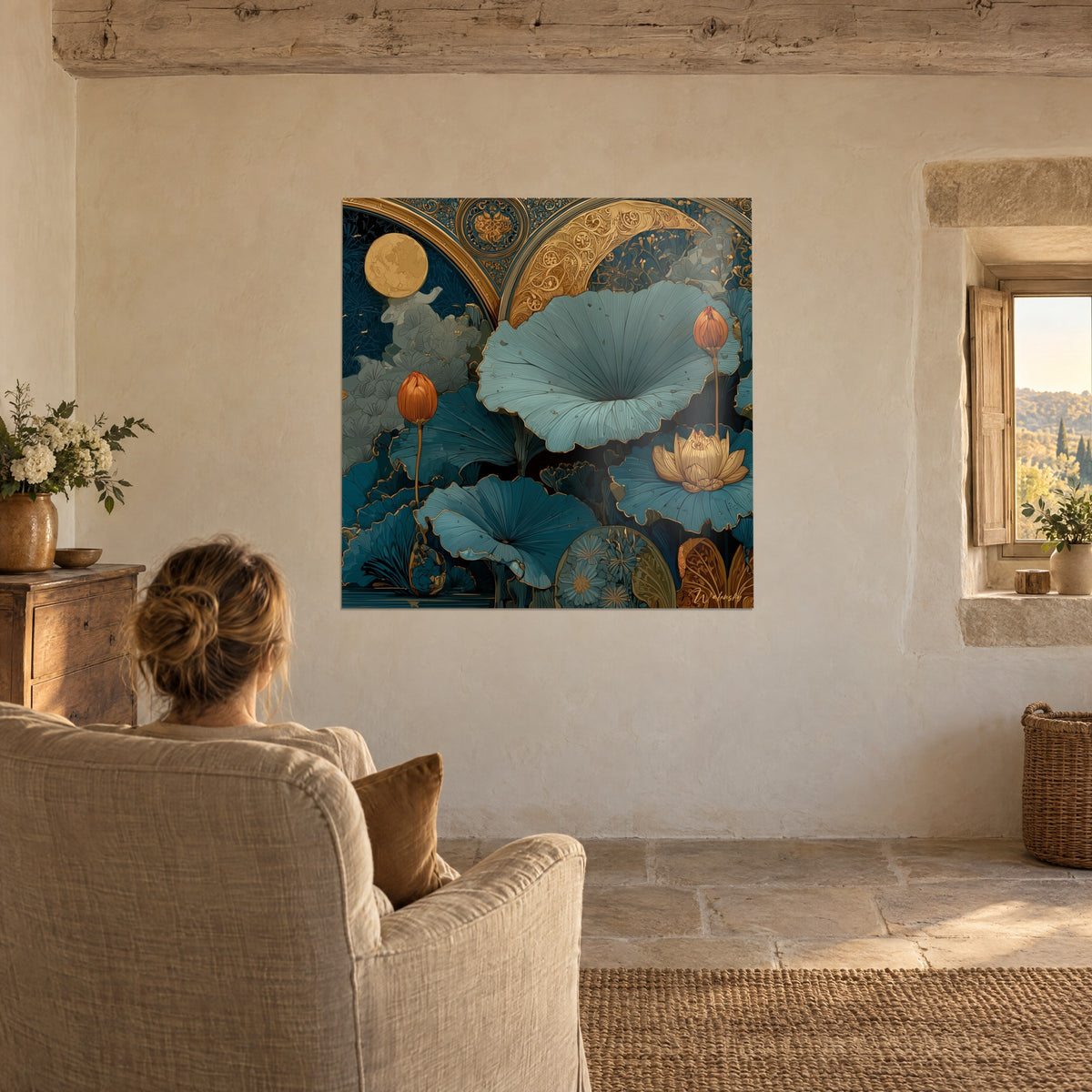 Cuadro mosaico de hojas azul grisáceo, media luna dorada cincelada y luna ocre, mujer de espaldas en un sillón, pared encalada