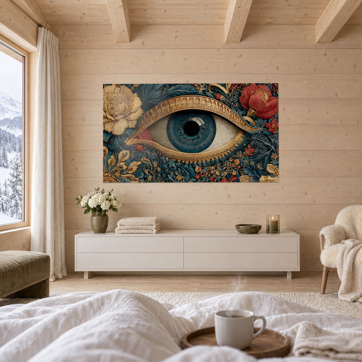 Quadro pupilla nera al centro di un iride blu petrolio, palpebra d'oro incisa e peonia rossa, sopra un letto in una camera luminosa