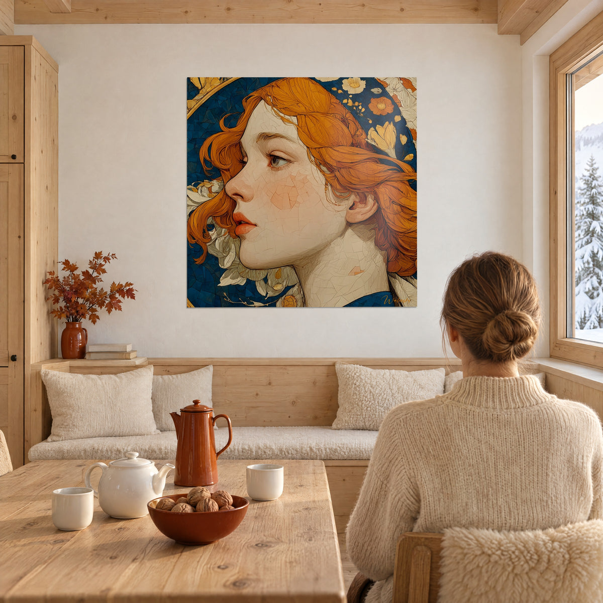 Cuadro musa de cabello naranja flamígero, tez de porcelana agrietada y fondo azul real floral, en una habitación de madera