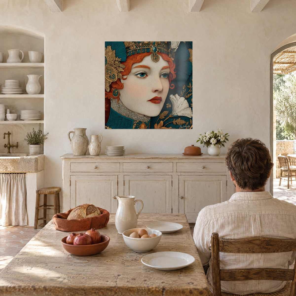 Πίνακας μούσα Art Nouveau, πορτοκαλί μπούκλες και καπέλο χρώματος πάπιας διακοσμημένο με χρυσό, απέναντι σε άντρα καθισμένο σε τραπέζι σε προβηγκιανή κουζίνα