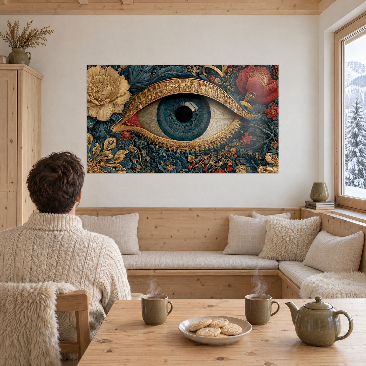 Quadro occhio aperto con ciglia dorate, bianco a mosaico beige e fiori rossi su sfondo blu scuro, di fronte a un uomo di spalle con maglione color crema