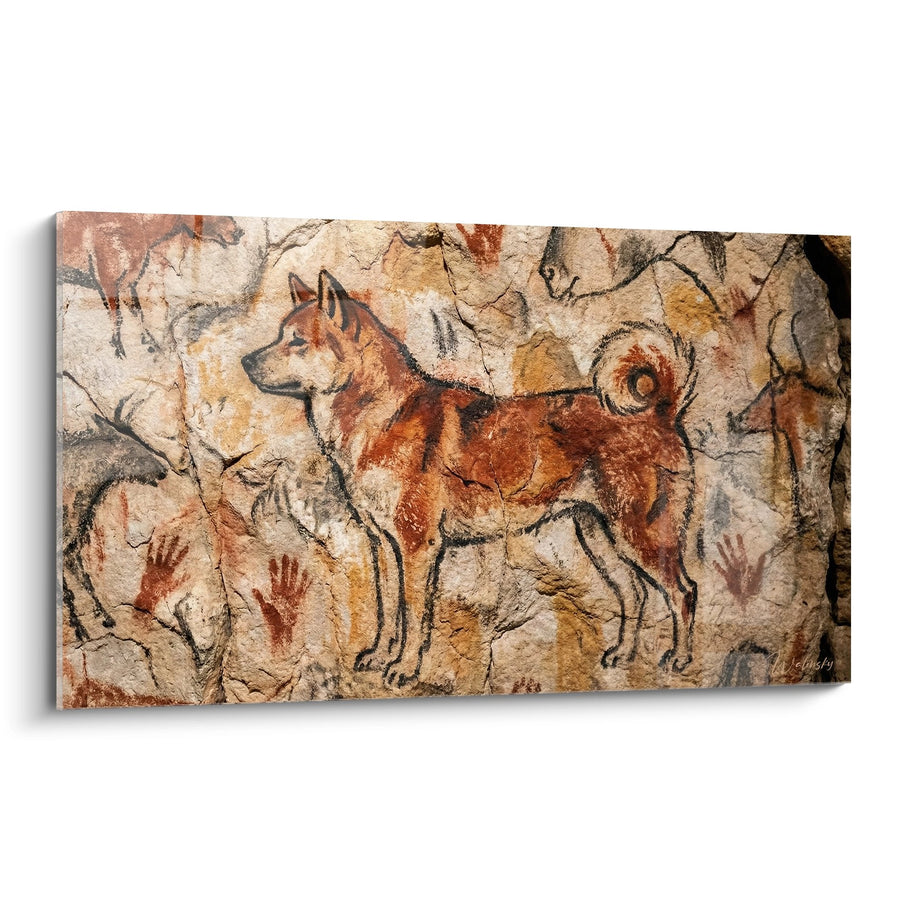 Tableau Art Rupestre avec Canidé Roux et Empreintes de Mains - Héritage Préhistorique - Edition Akita Inu