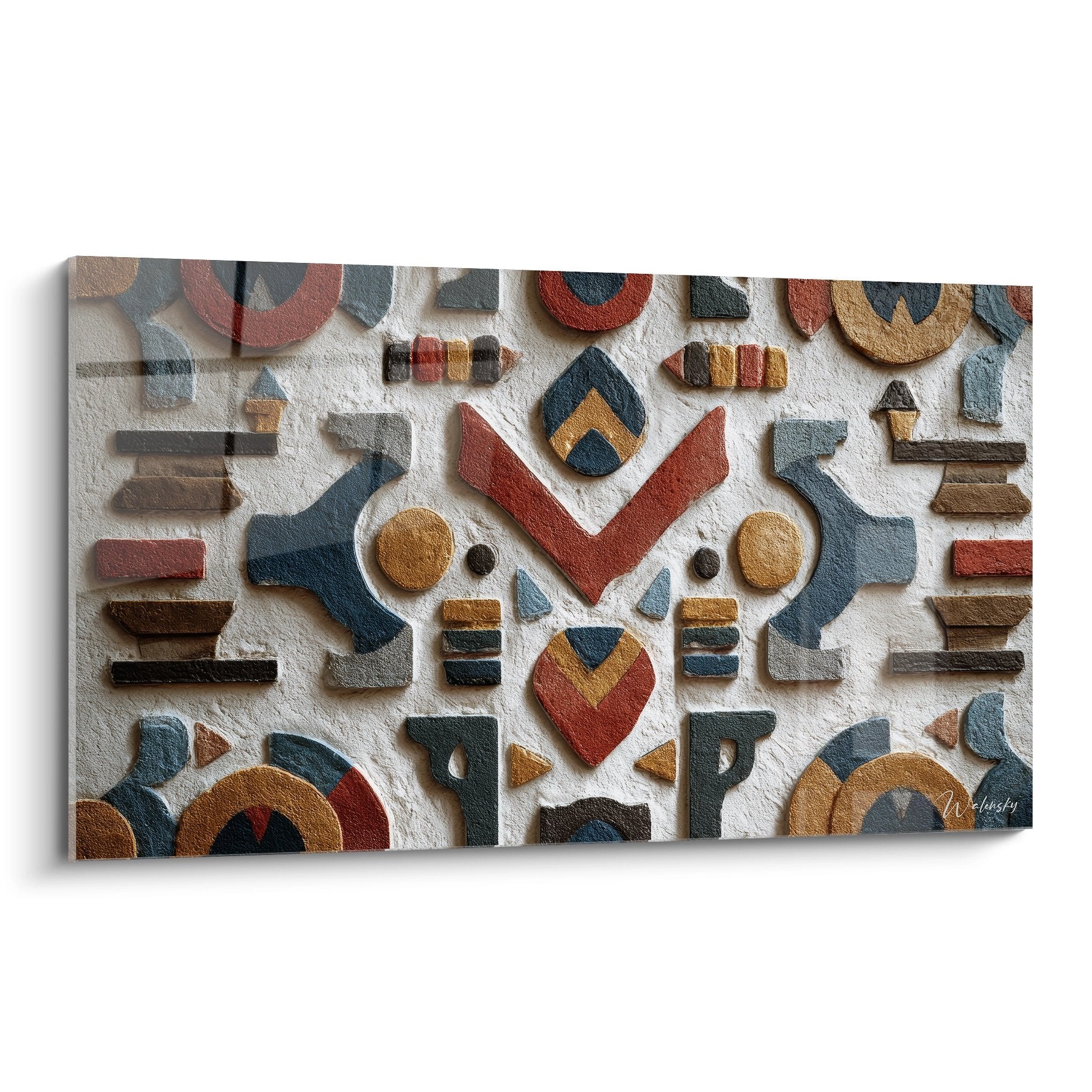 Tableau mural art tribal africain motifs géométriques relief couleurs ocre rouge indigo décoration ethnique