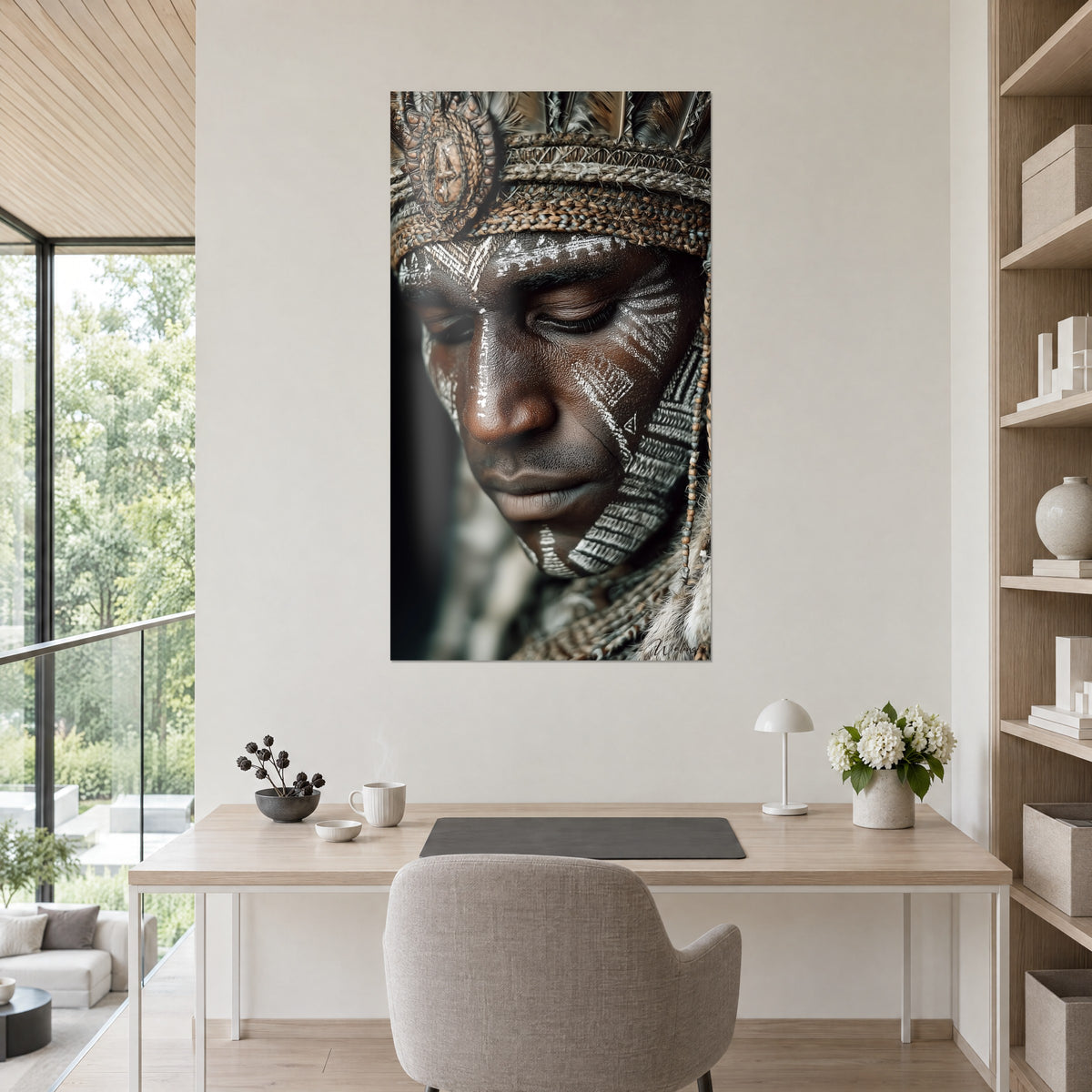 Wall art of a dignitary's lowered gaze, taupe feather headdress and white scarifications, beige wall, light office and a plant