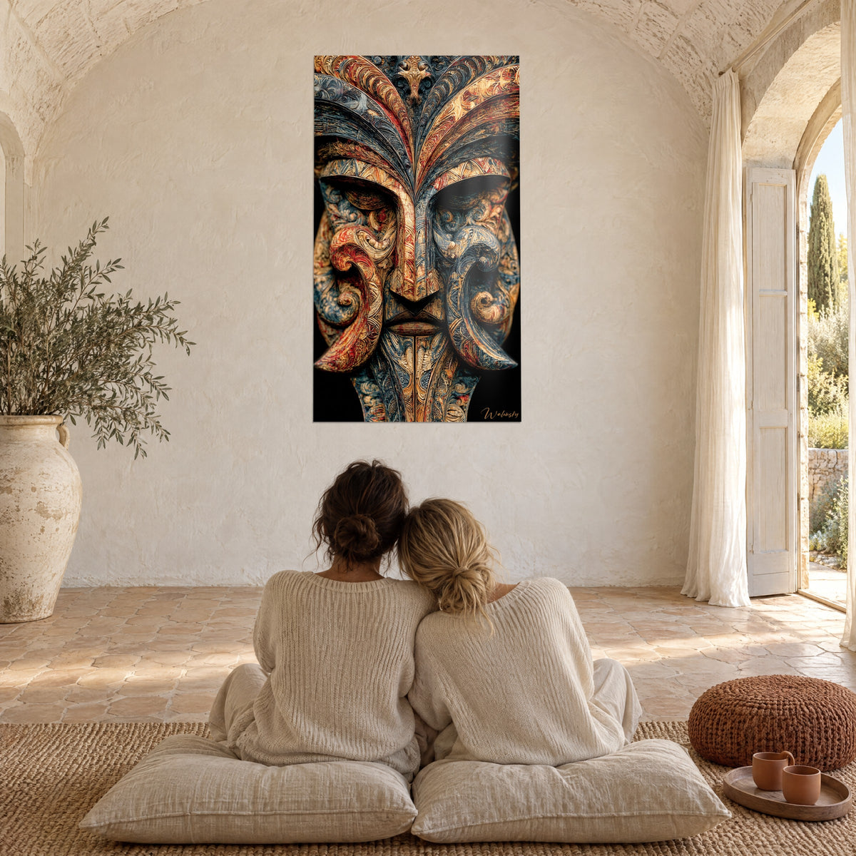 Tableau sculpture sacrée aux volutes bleu marine et rouge orangé, plumes stylisées, face à deux femmes assises dans un mas provençal