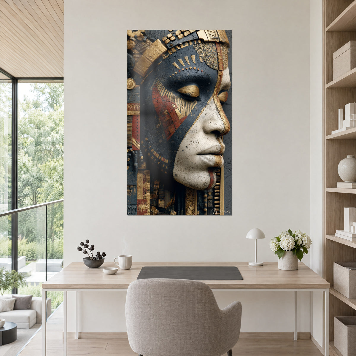 Cuadro rostro sagrado con párpados dorados, nariz marfil granulada y mosaico rojo y oro, despacho luminoso