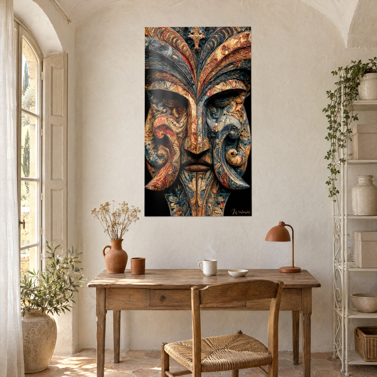 Tableau totem à visage gravé, motifs rouge cuivré et bleu gris en relief, accroché au-dessus d'un bureau en bois dans un mas provençal