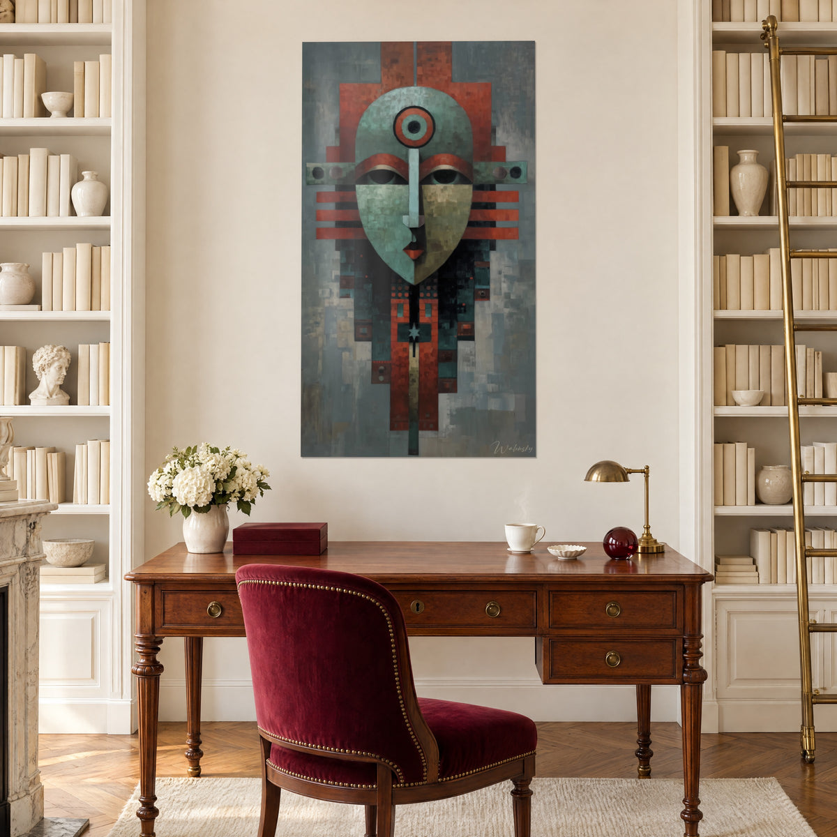 Tableau mosaïque d'un visage tribal, vert sauge et rouge cuivré, fixé entre deux bibliothèques blanches, bureau en bois d'acajou