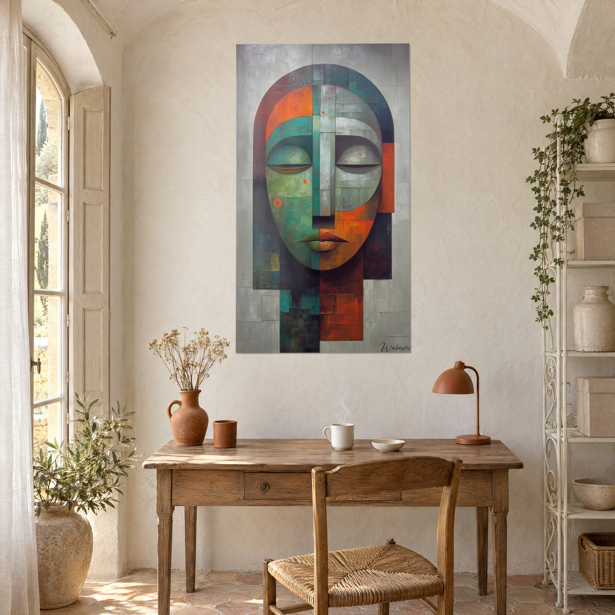 Gemälde einer zweigeteilten tribalen Maske in Petrolblau und Ziegelrot mit grauen Lamellen als Nase, über einem Holzschreibtisch und einer kupfernen Lampe