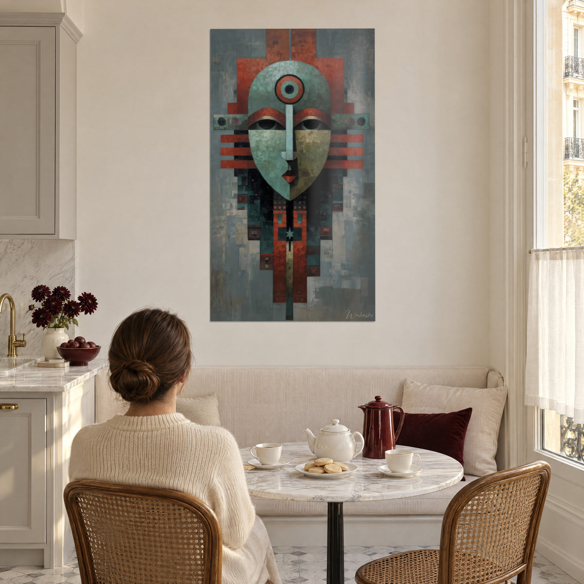 Tableau effigie cubiste sarcelle et rouille, étoile en bas, une femme de dos prend le thé dans un coin repas haussmannien