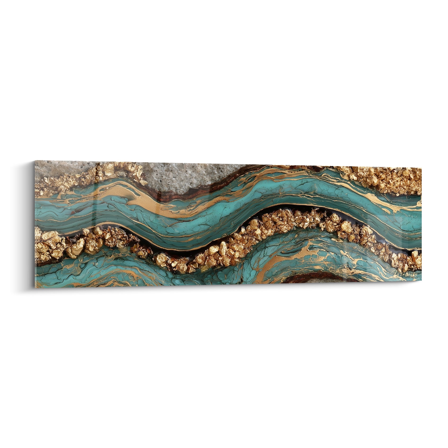 Vagues d'agate turquoise et or, texture minérale sinueuse aux éclats dorés granuleux