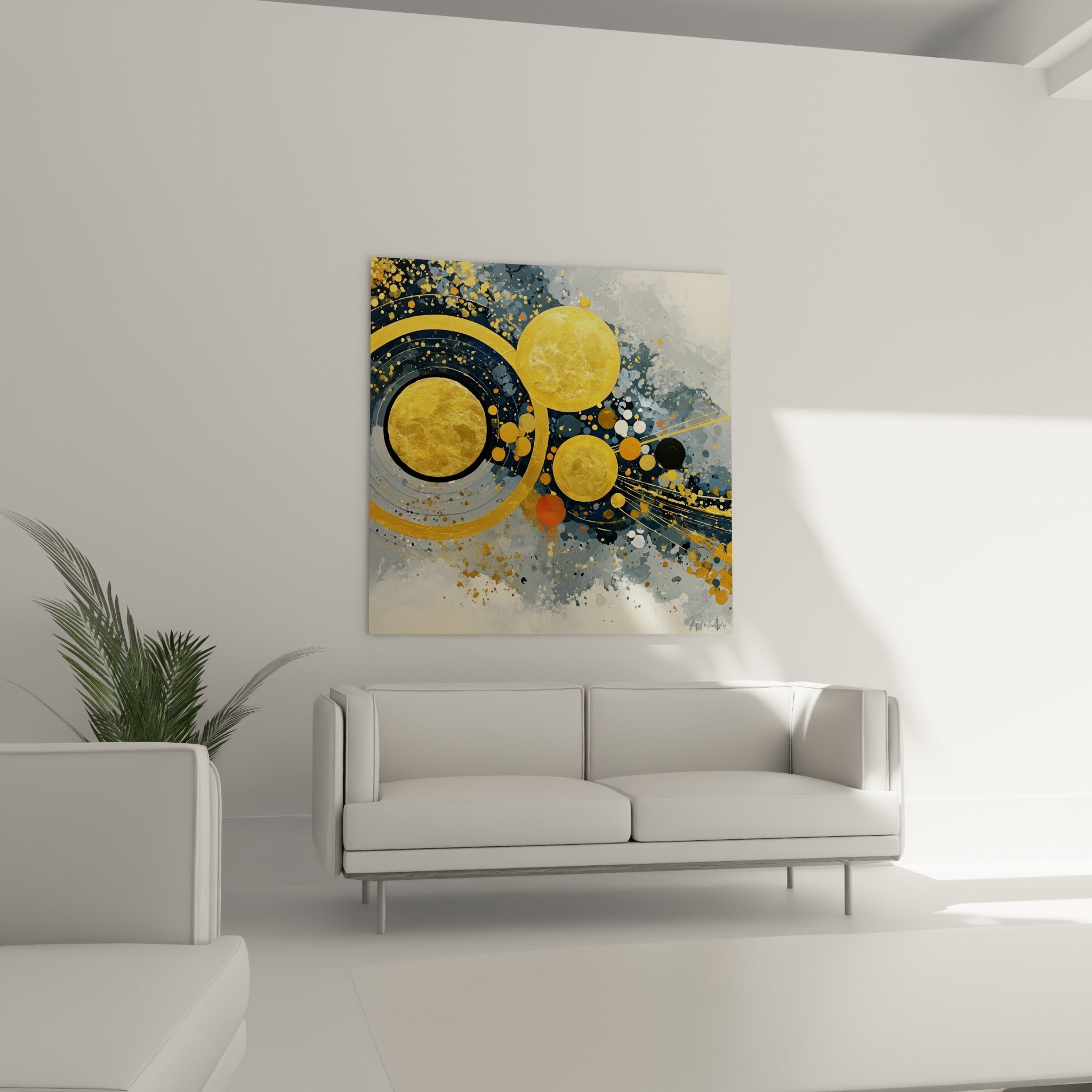 Trois sphères dorées entourées d'anneaux bleu marine sur toile abstraite, au-dessus d'un canapé dans un salon lumineux