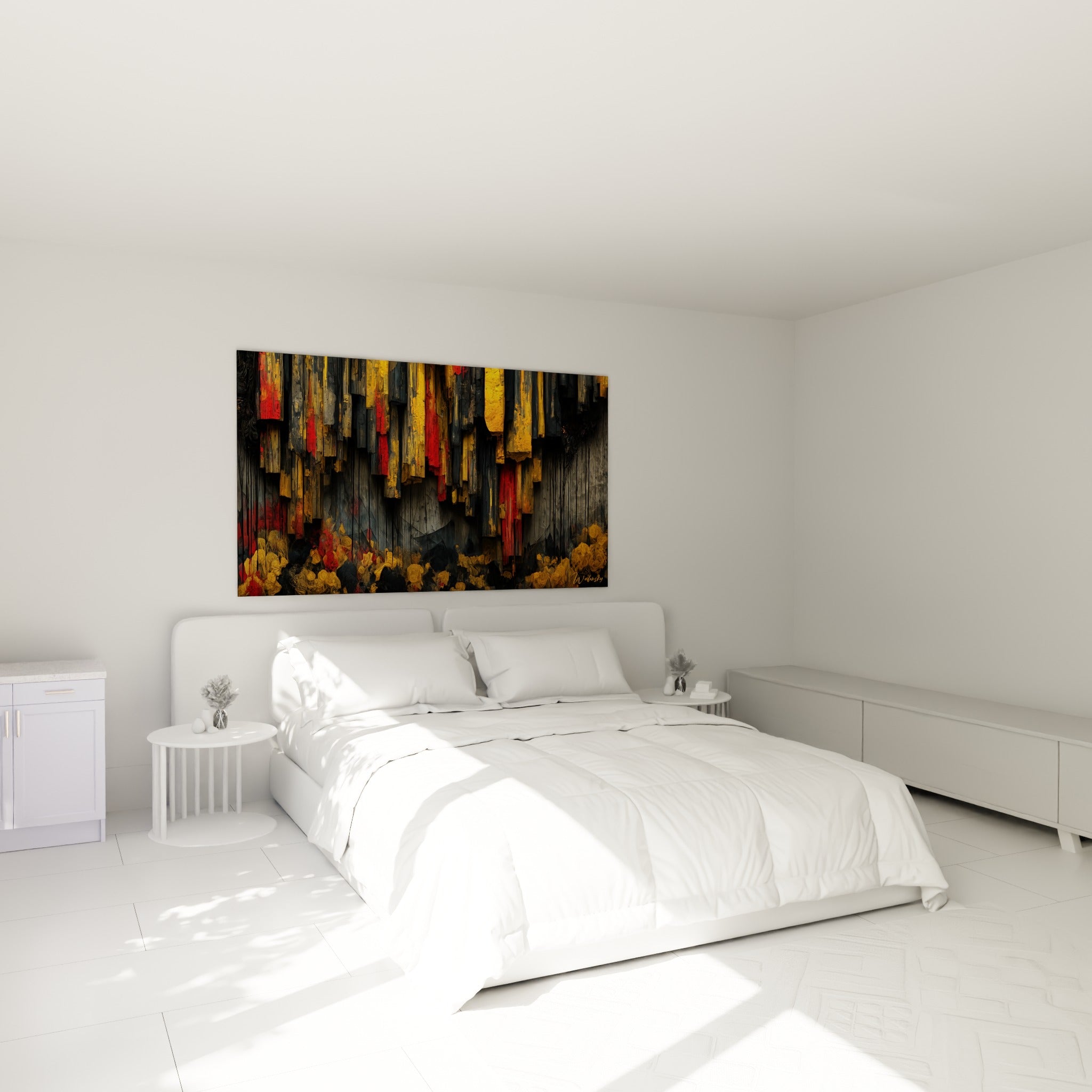 Composition abstraite dorée et rouge sur fond anthracite, au-dessus d'un lit dans une chambre claire