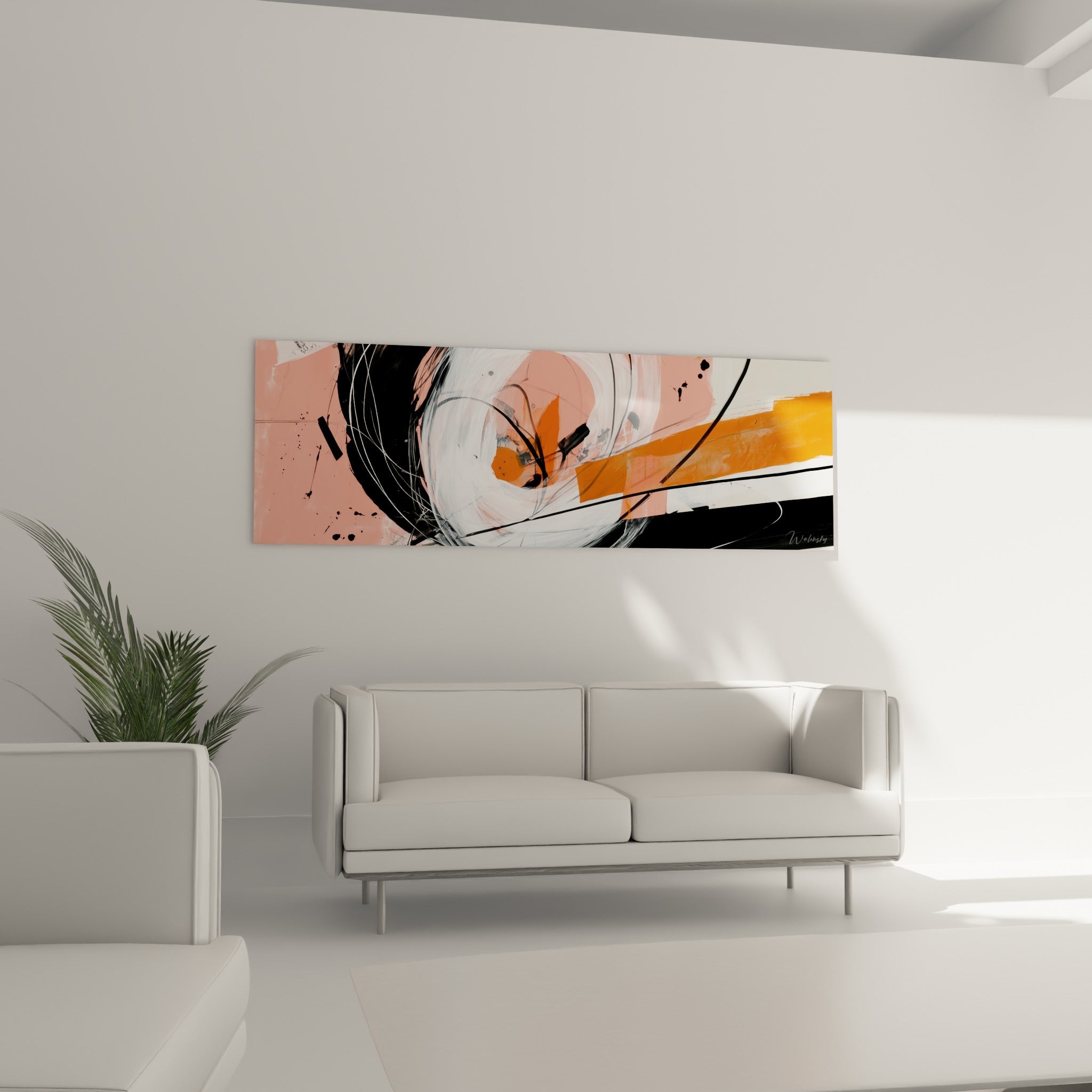 Toile abstraite corail et anthracite au mouvement tourbillonnant, au-dessus d'un canapé dans un salon lumineux