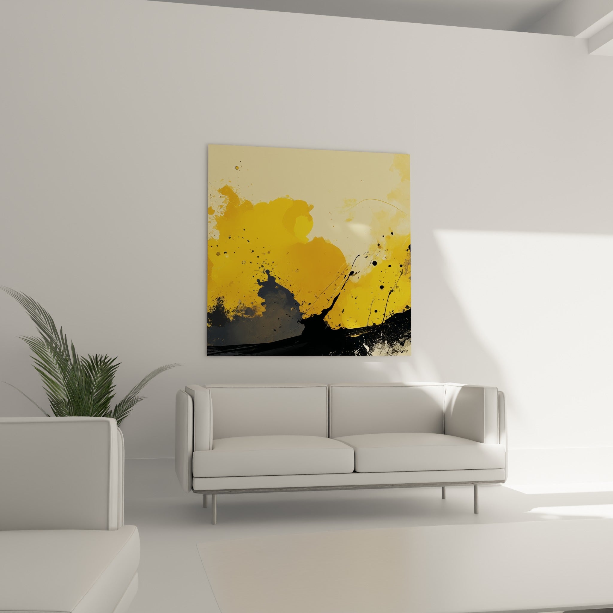 Traces dorées et noires dynamiques, tableau abstrait accroché au-dessus d'un canapé dans un salon lumineux